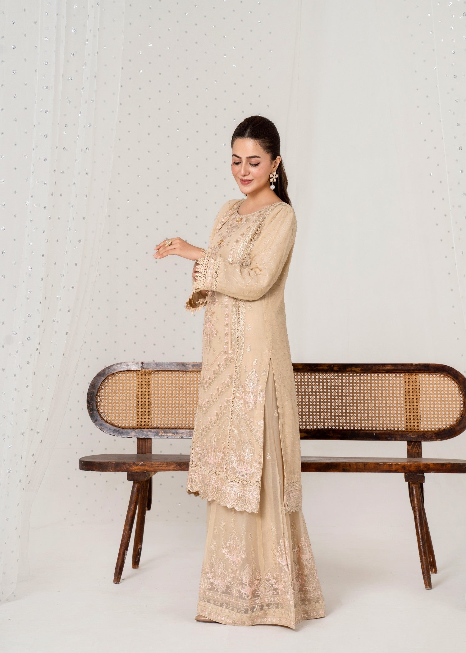 pk crinkle chiffon Kurta Set in Champagne