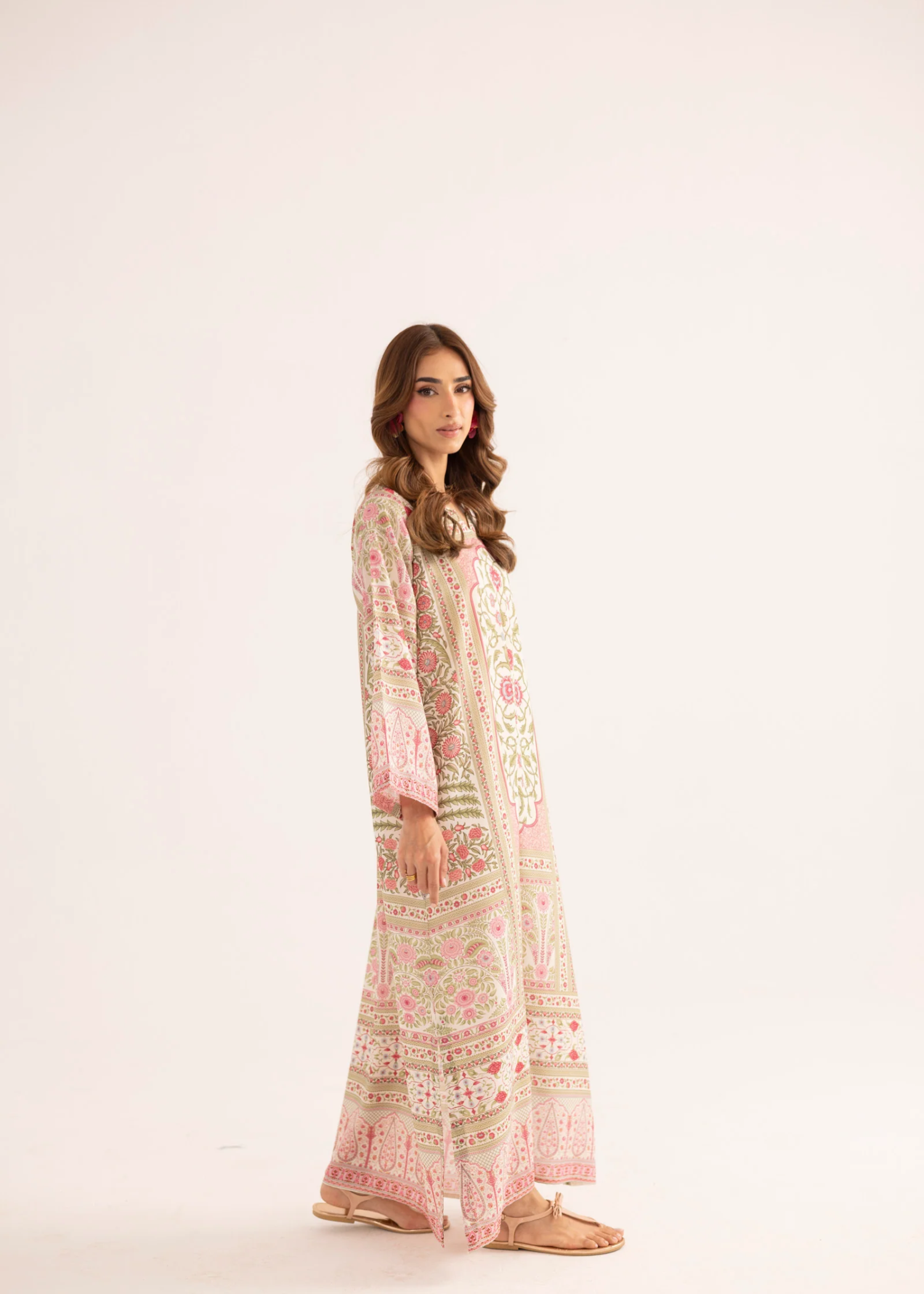 silk finish lawn Kaftan in Peach pink