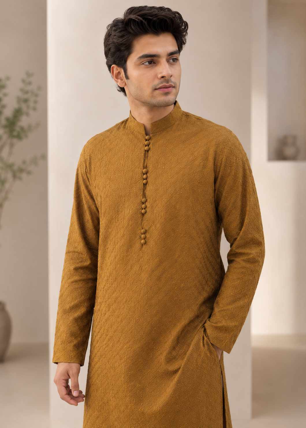 lawn cotton Kurta Set in Golden brown
