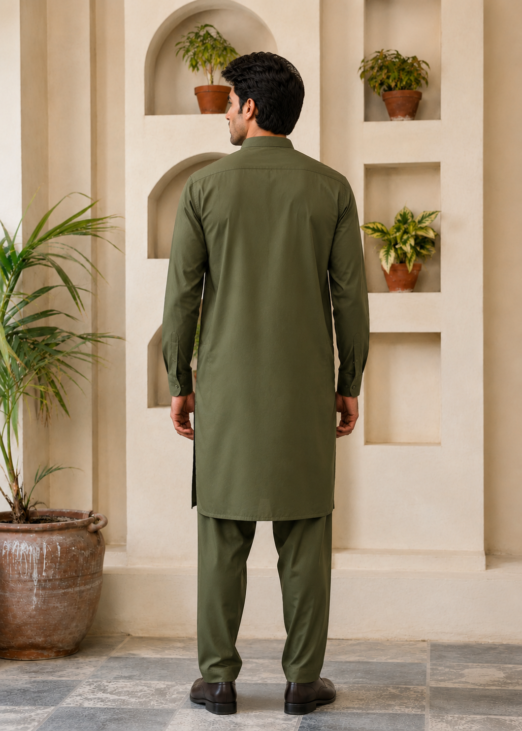 textured wash & wear Shalwar Kameez in Army green