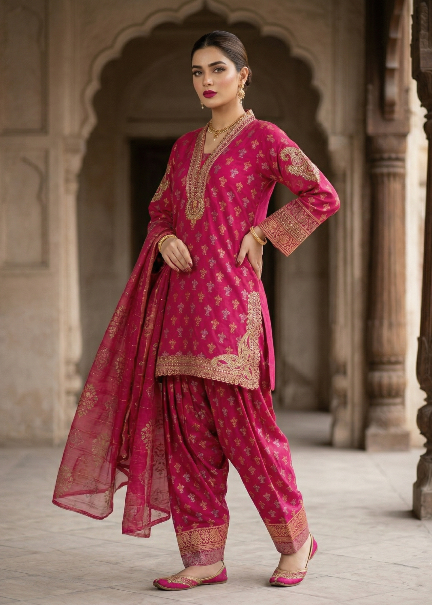 jacquard Kurta Set in Shocking pink