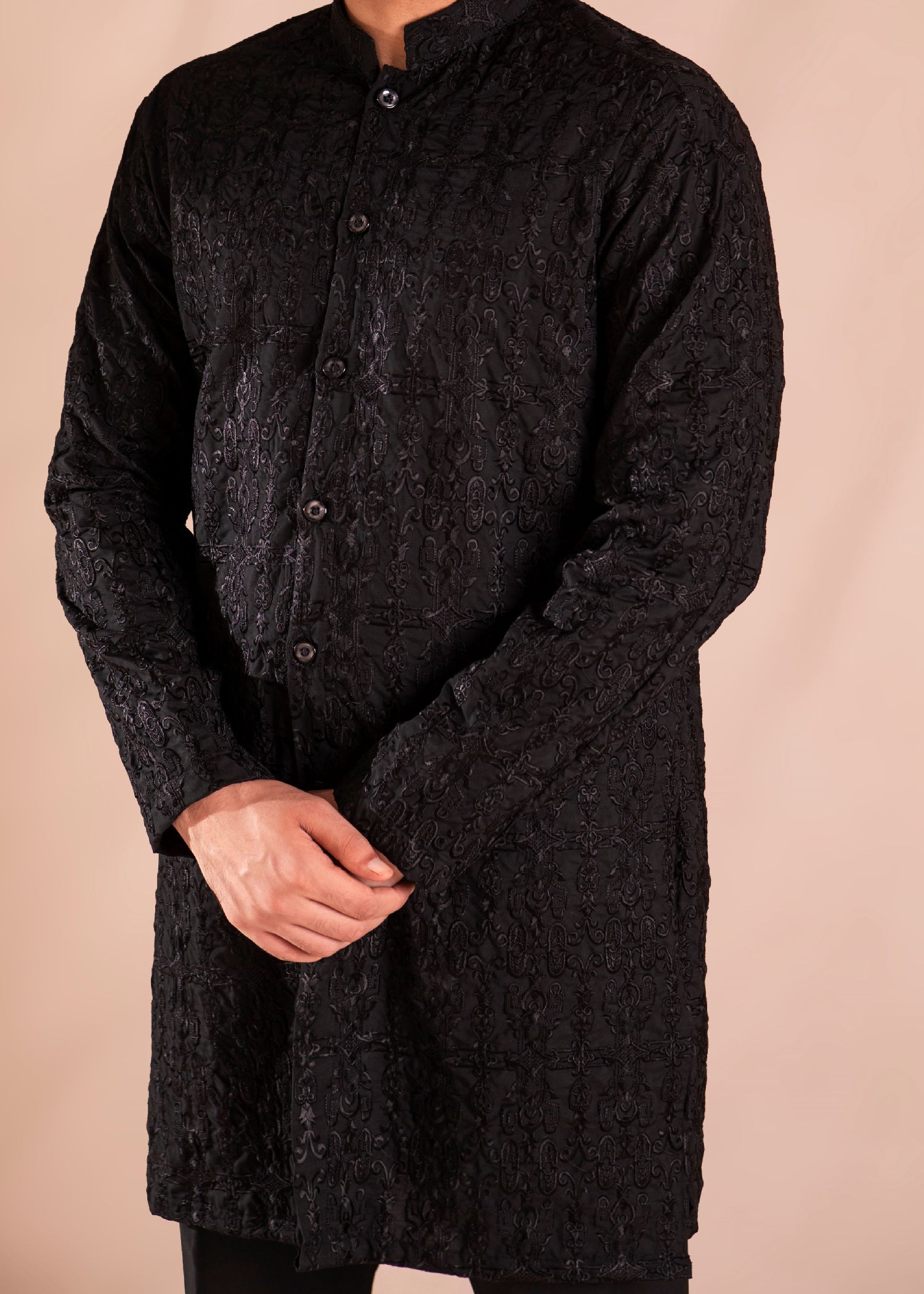 wash & wear Kurta Set in Black by Ahmad Raza