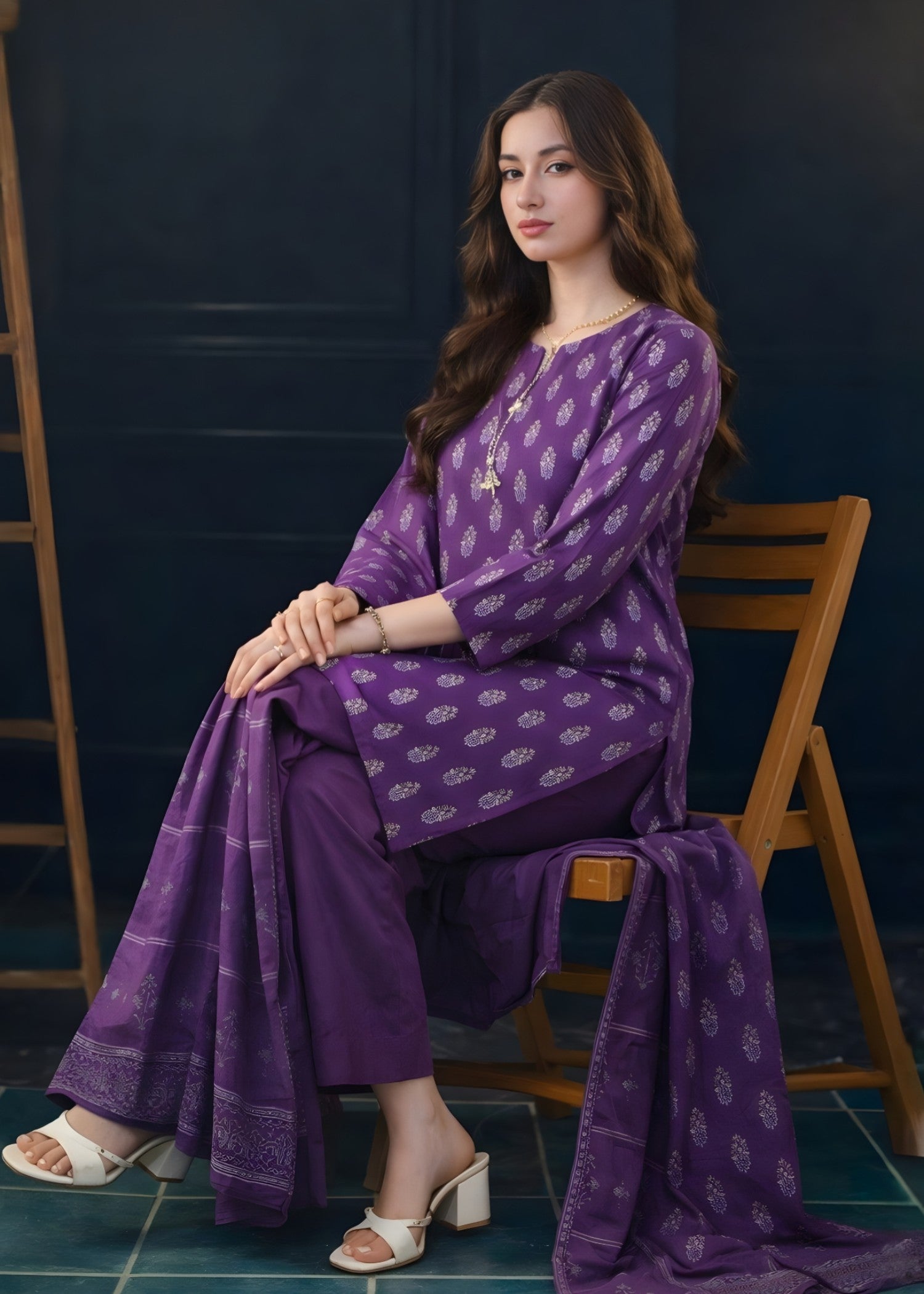 cambric Kurta Set in Royal purple