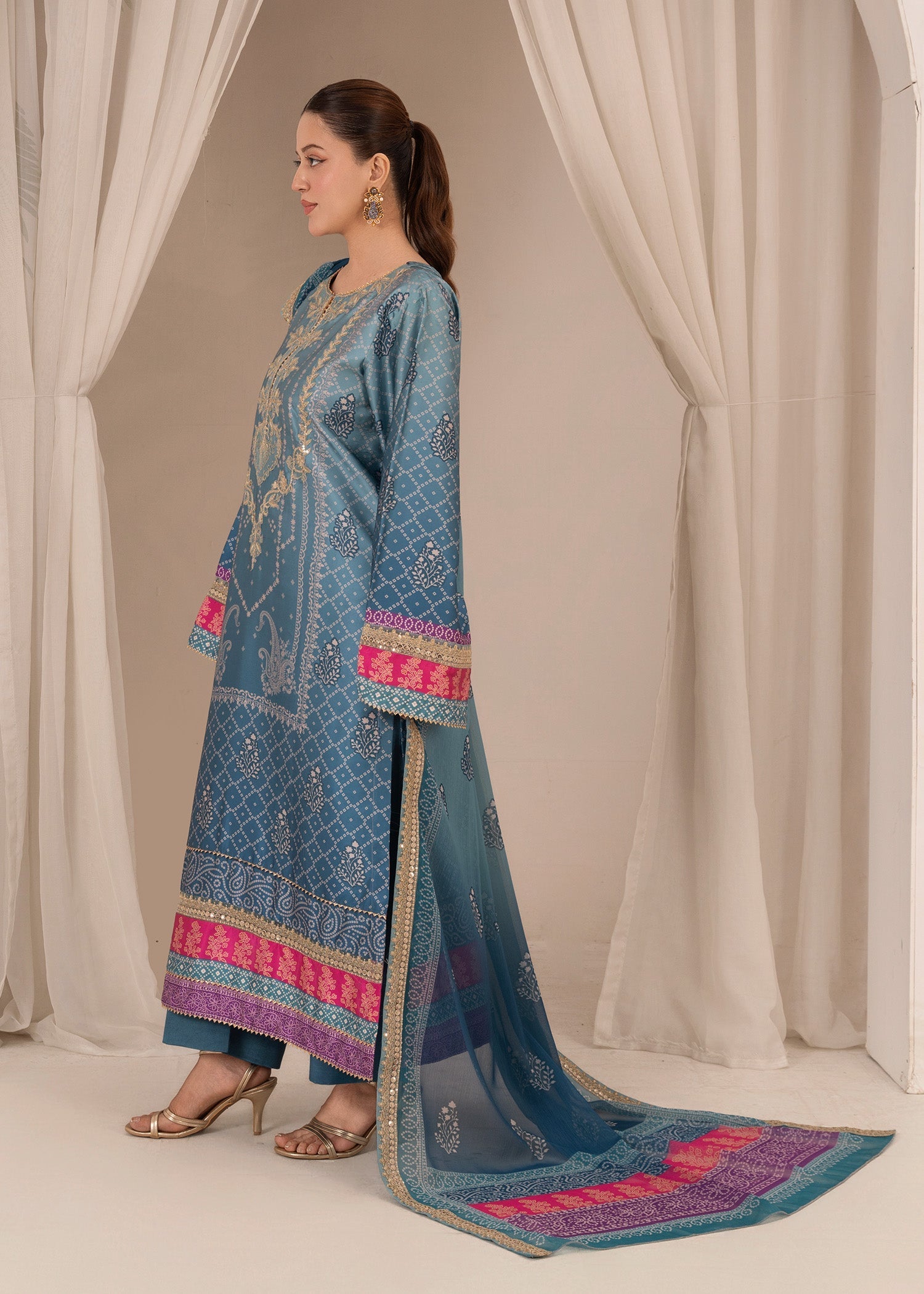 silk Kurta Set in Slate blue