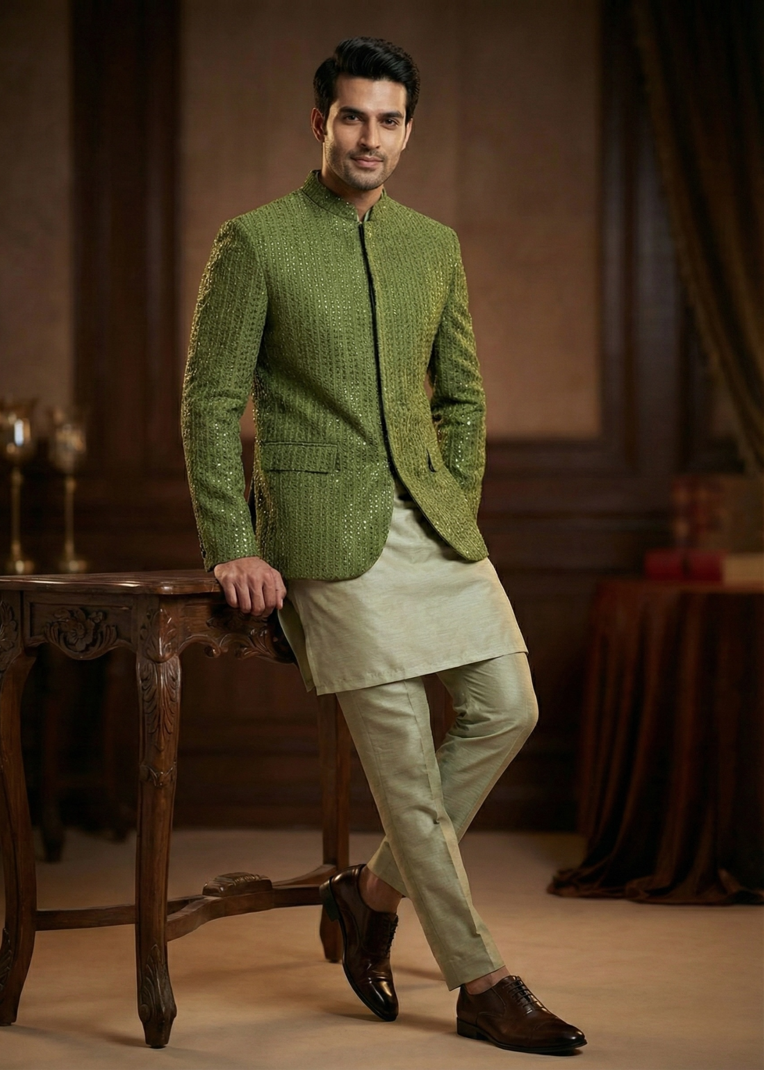 raw silk Prince Coat in Olive green