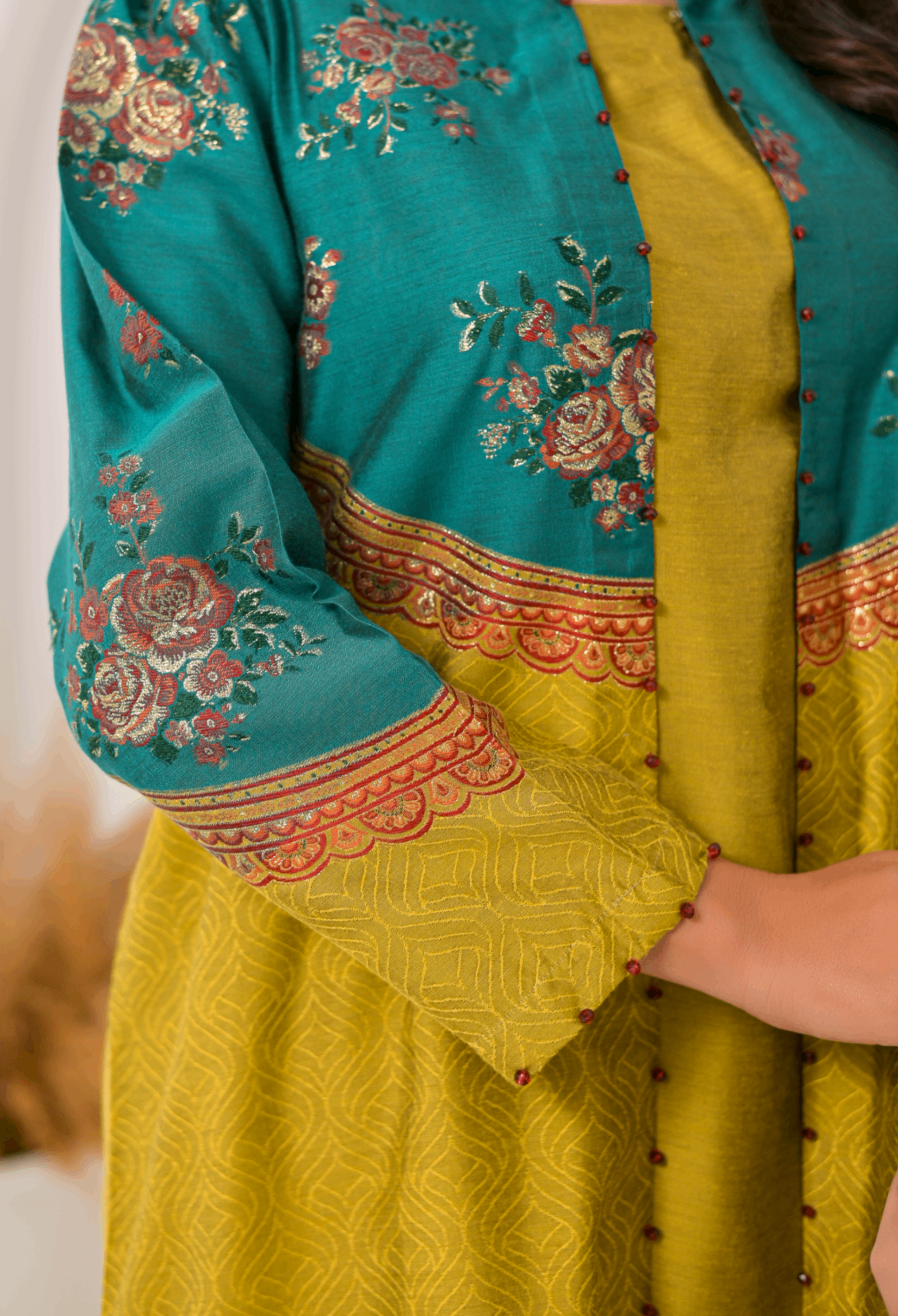 jacquard Gown in Goldenrod, parrot green