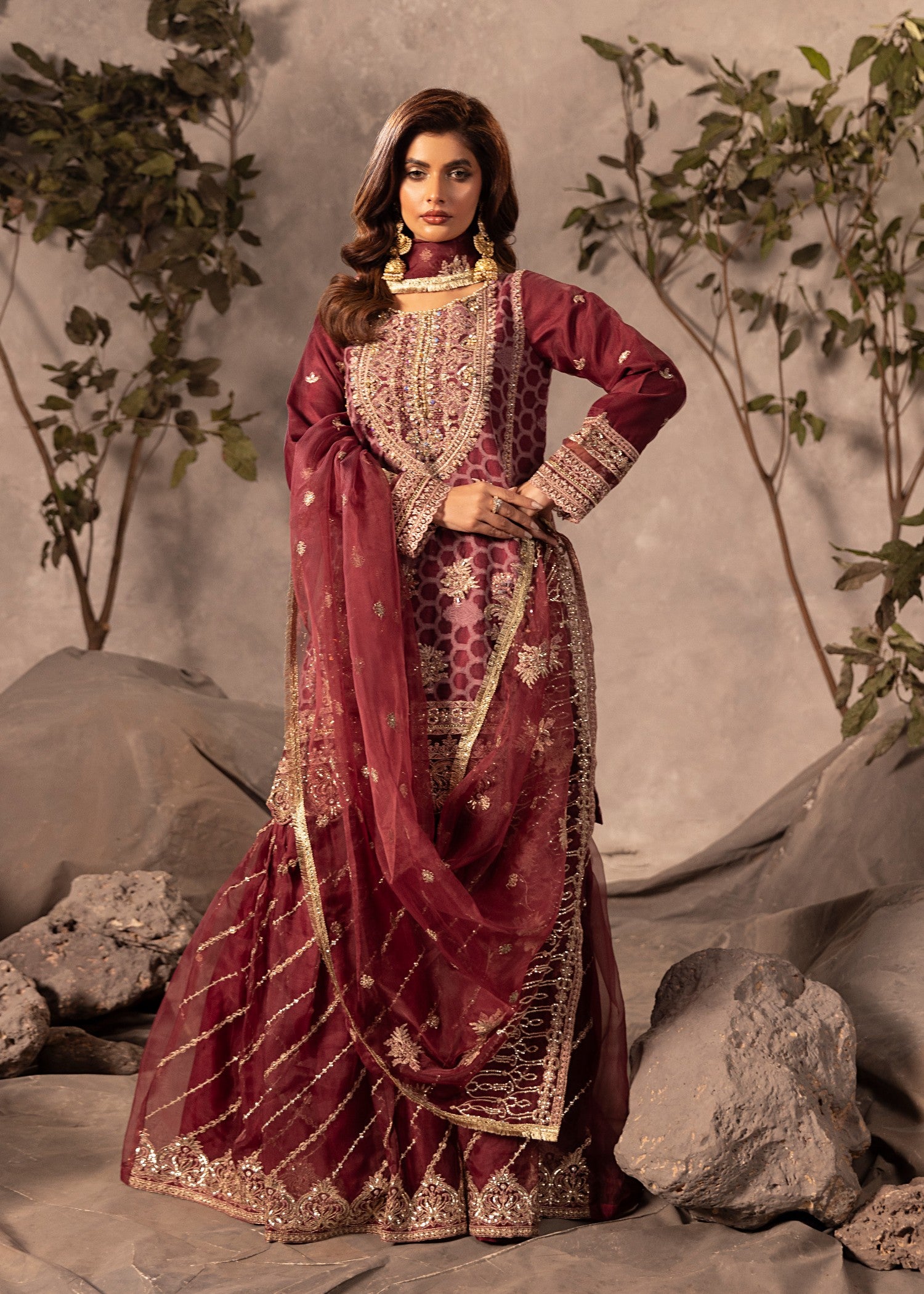 organza Gharara in Maroon