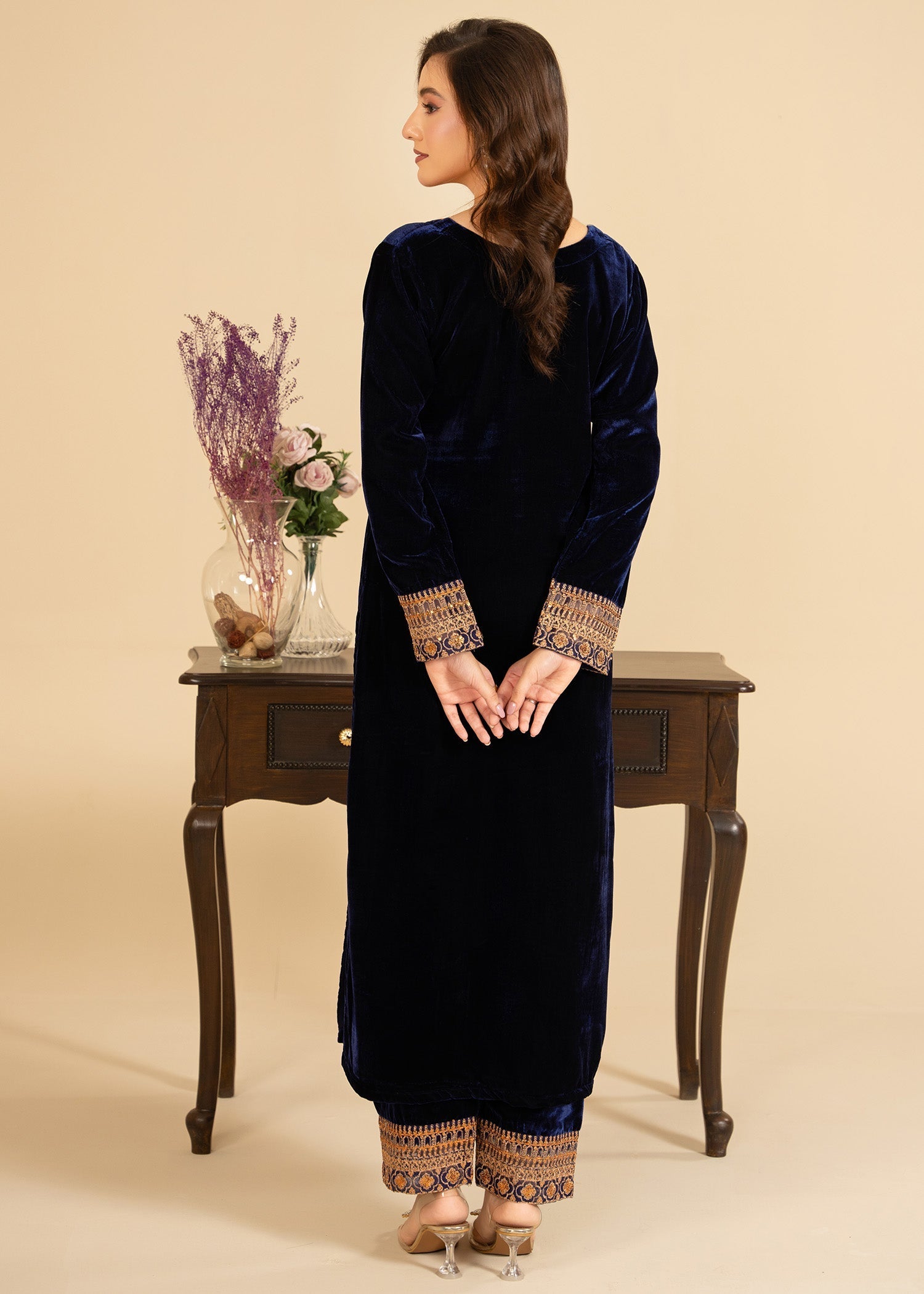 velvet Kurta Set in Navy blue