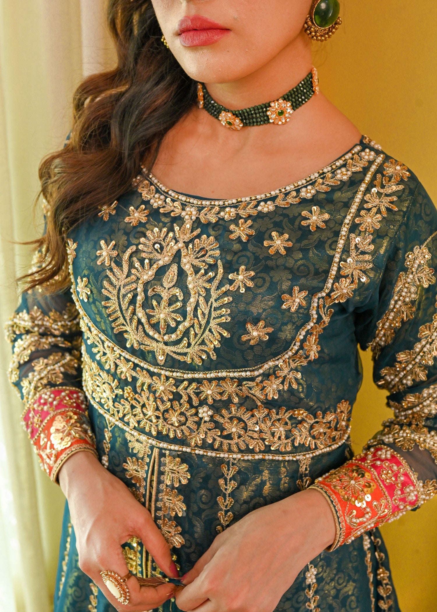 zari embroidered organza Pishwas in Teal
