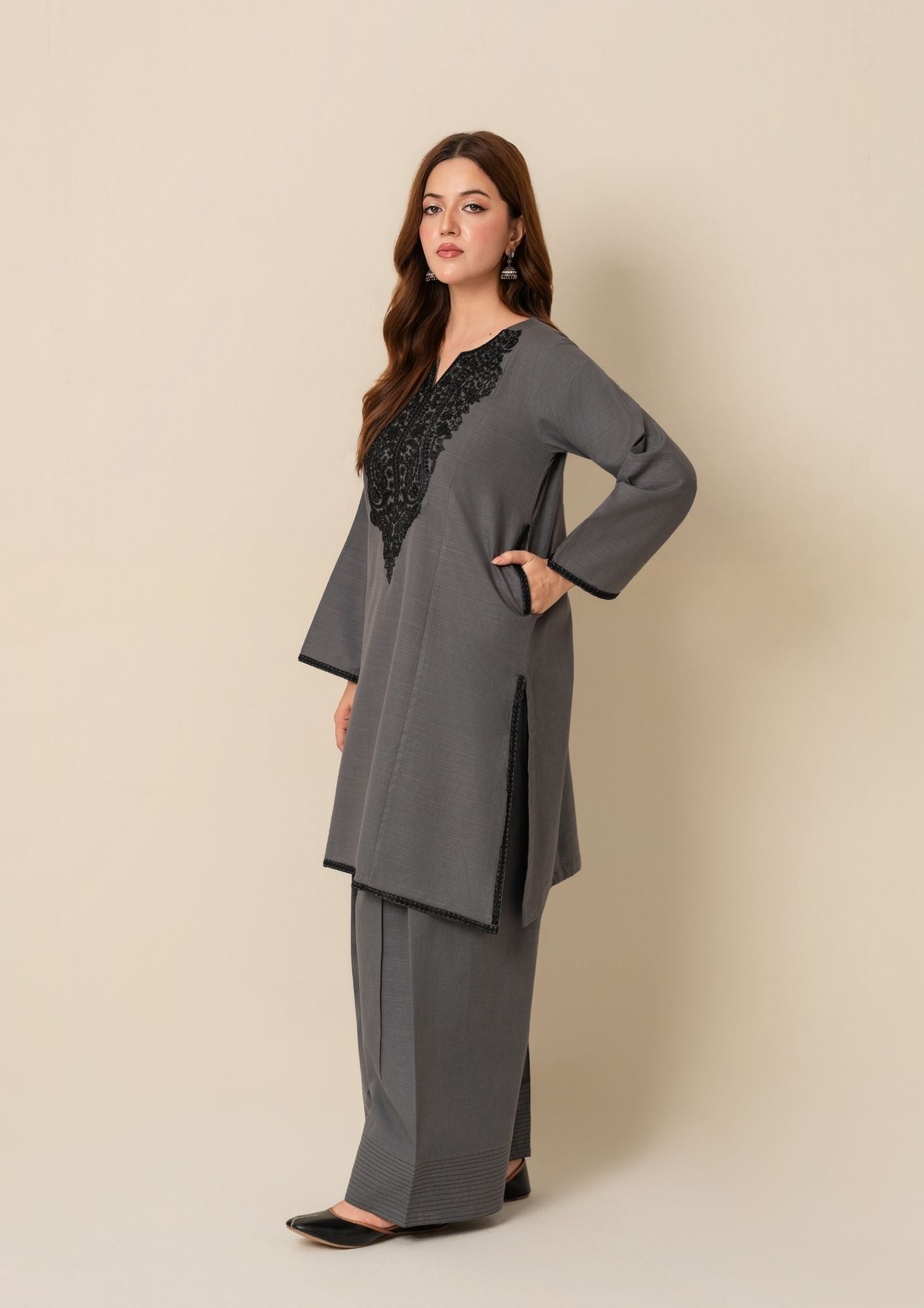 khaddar Kurta Set in Grey