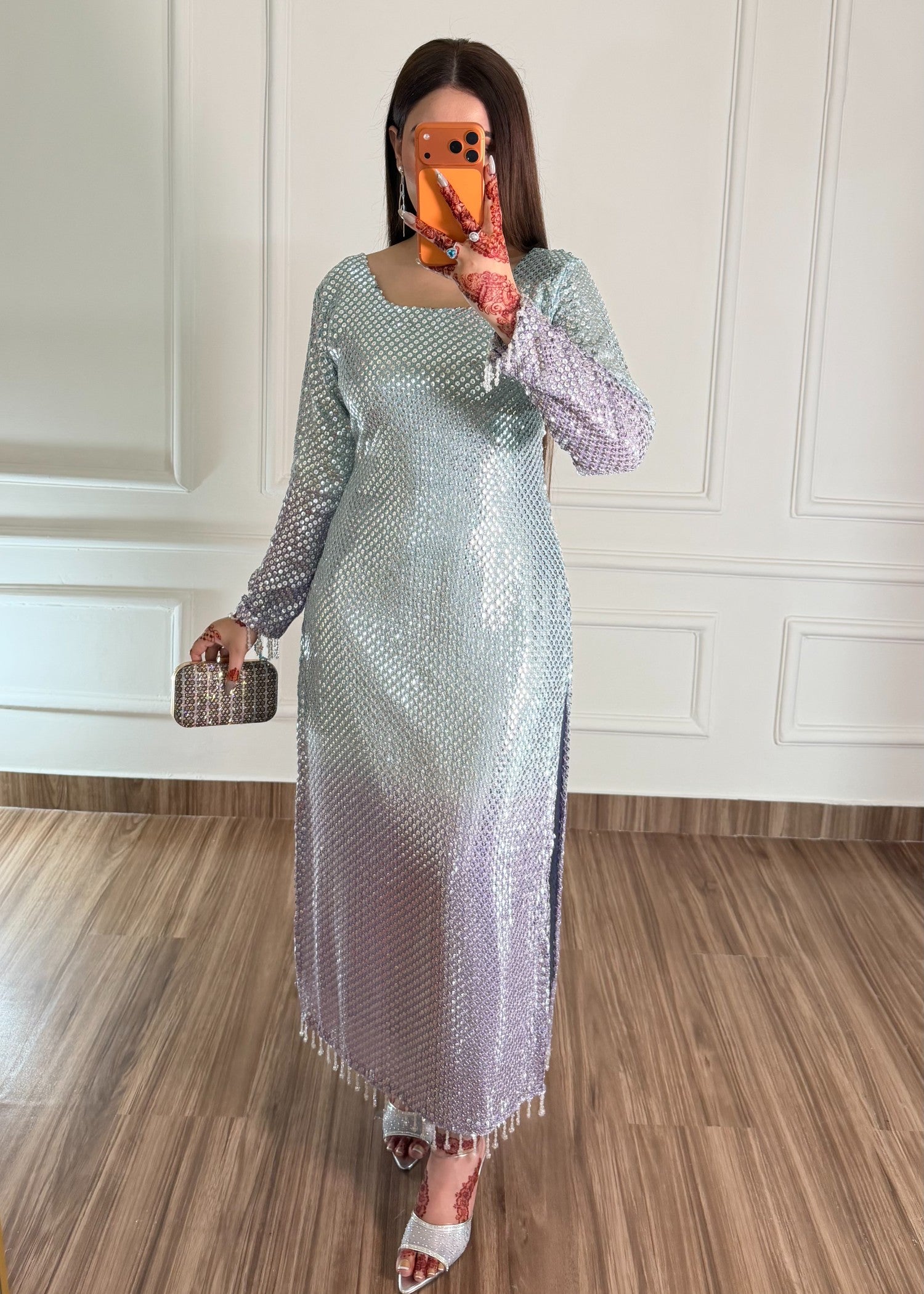 bemberg crinkle chiffon Kurta Set in Sky blue, bright lavender