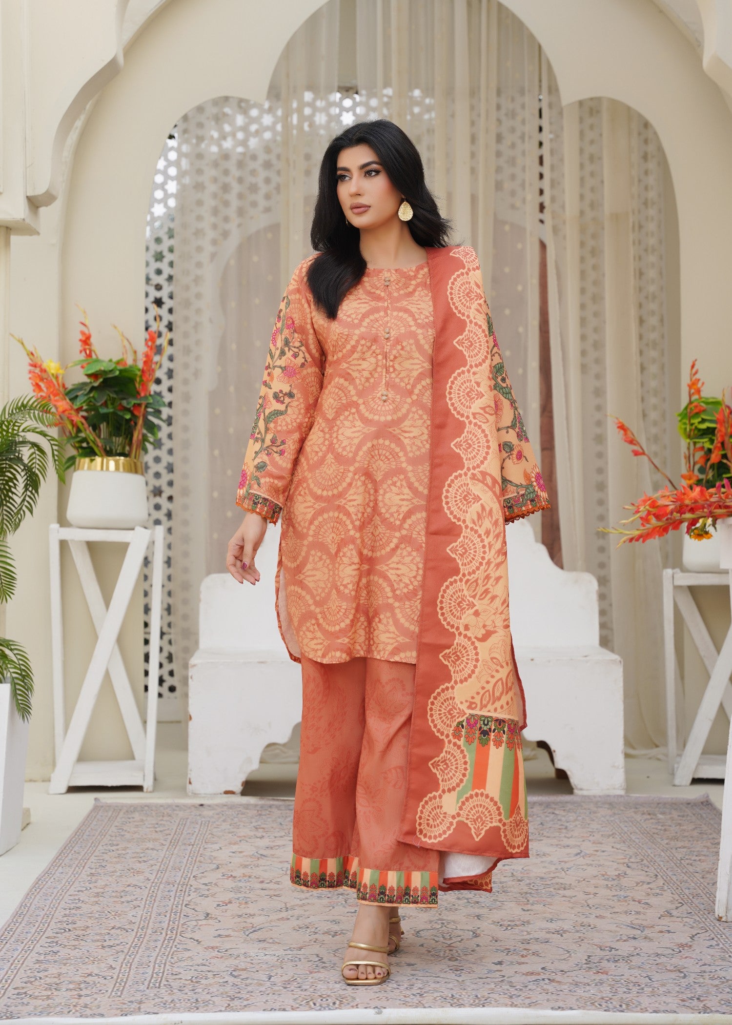 raw silk Kurta Set in Desert orange