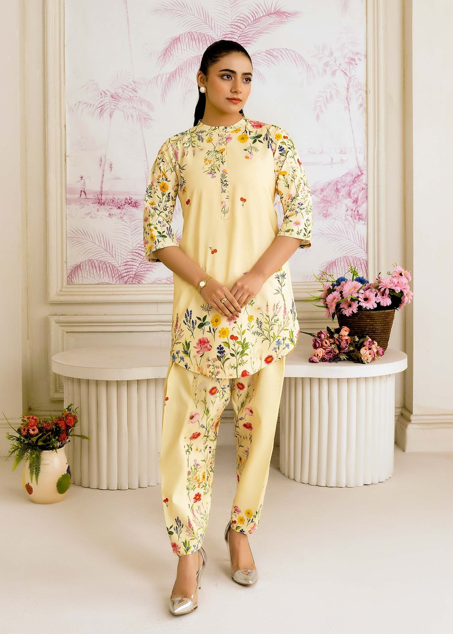 silk finish lawn Co Ord Sets in Lemon