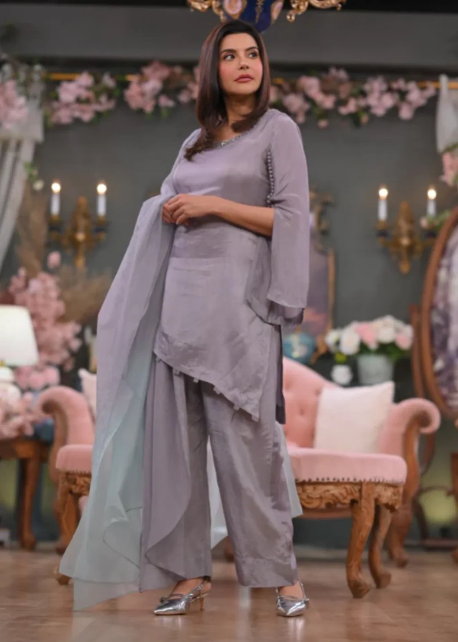 tissue silk Kurta Set in Grey