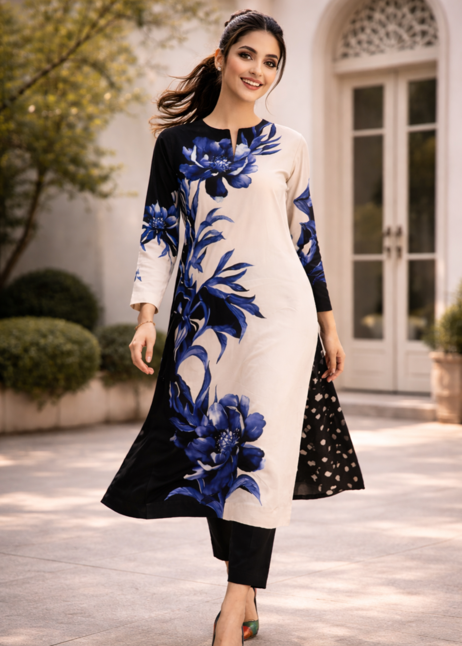 crepe Kurta Set in Cobalt blue