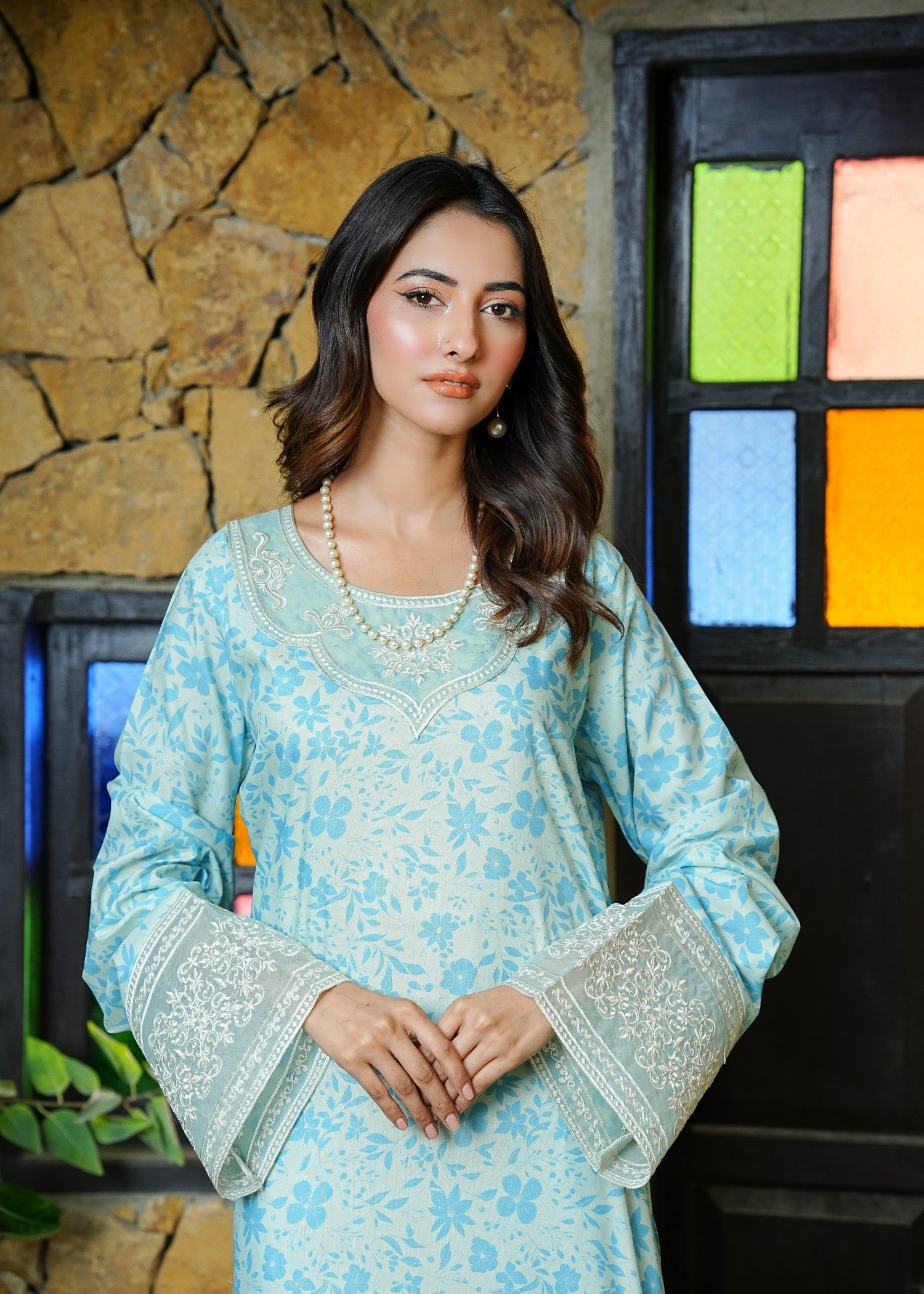 swiss lawn Kurta Set in Ice blue