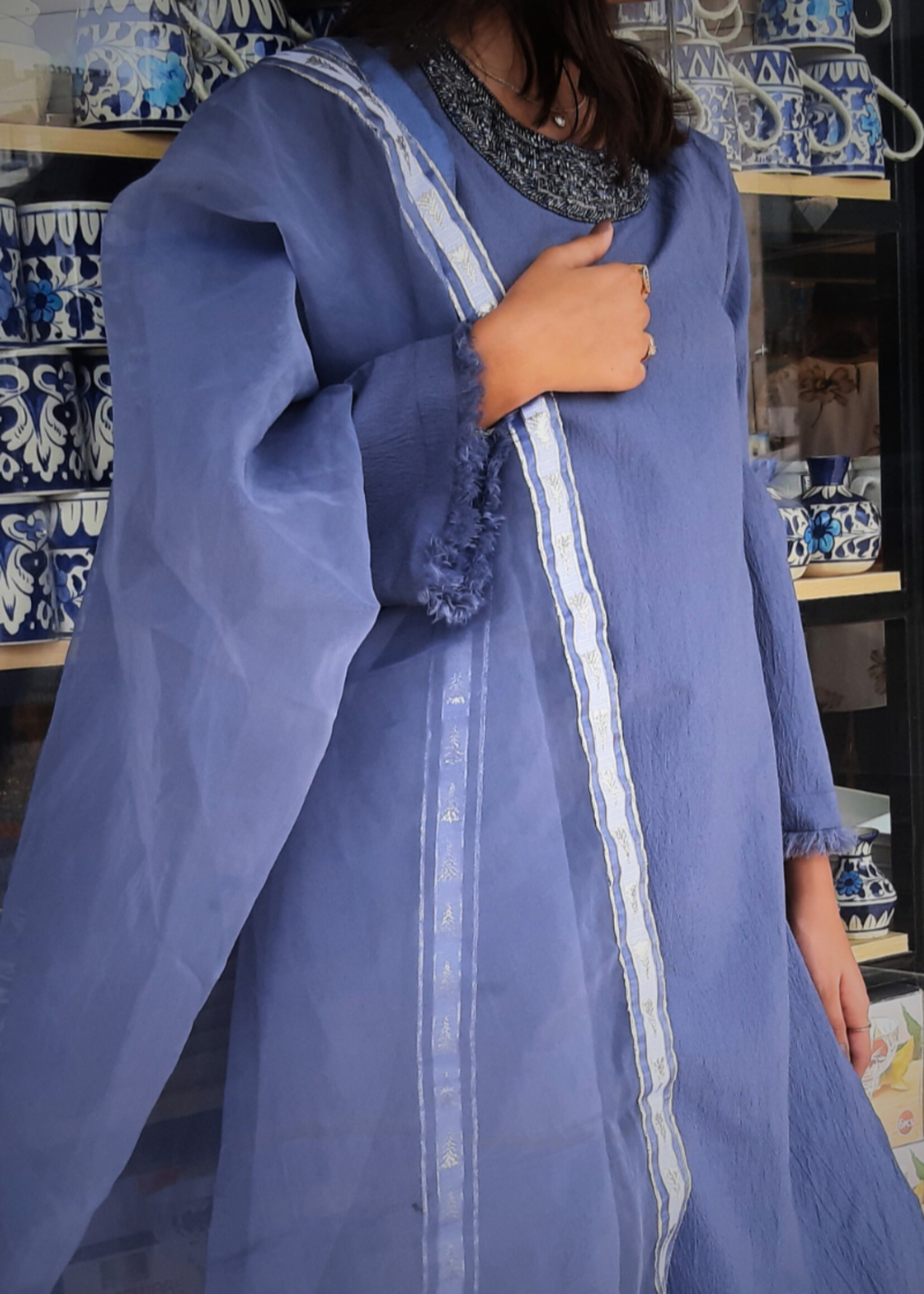 textured grip Kurta Set in Steel blue