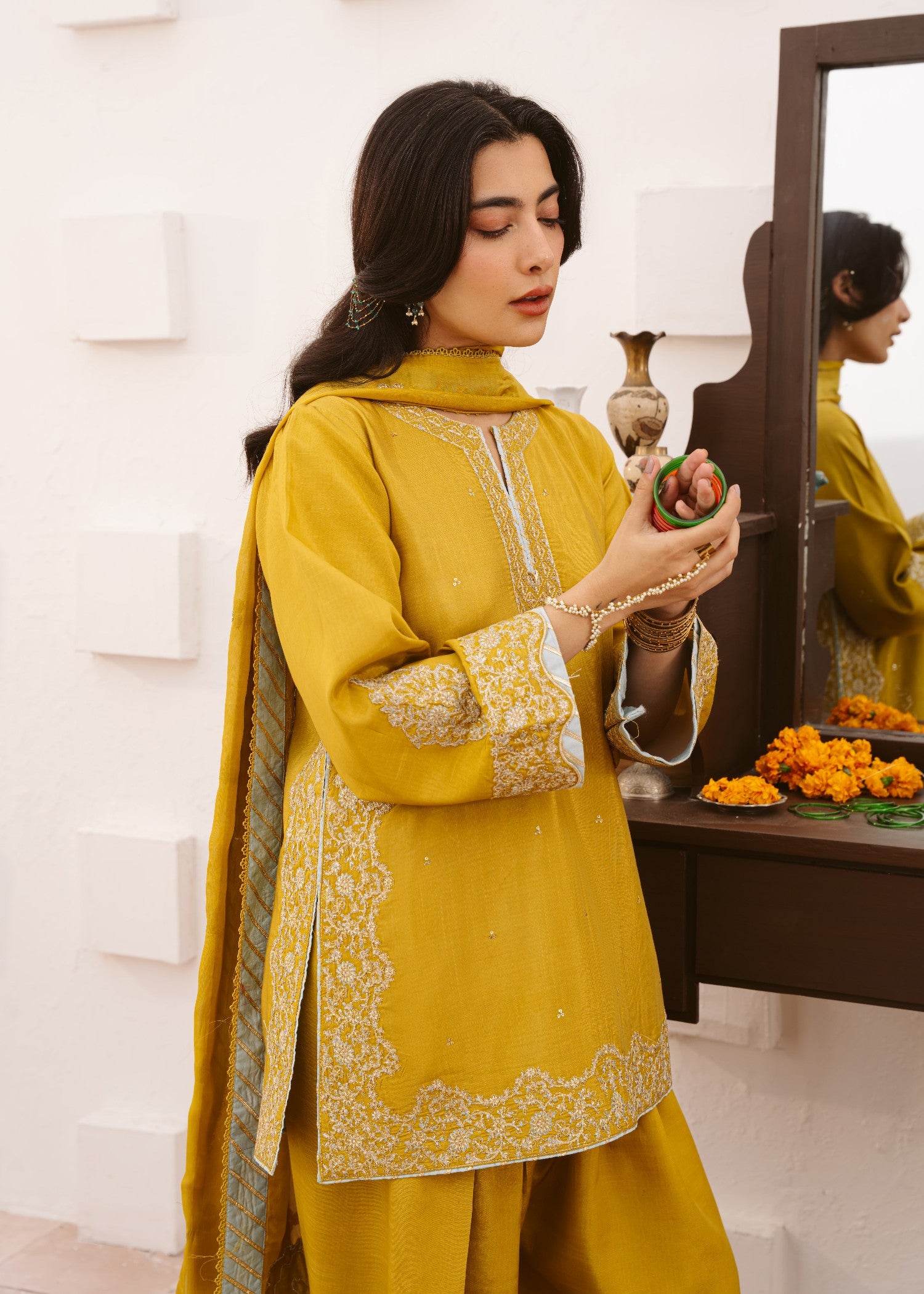 raw silk Kurta Set in Marigold