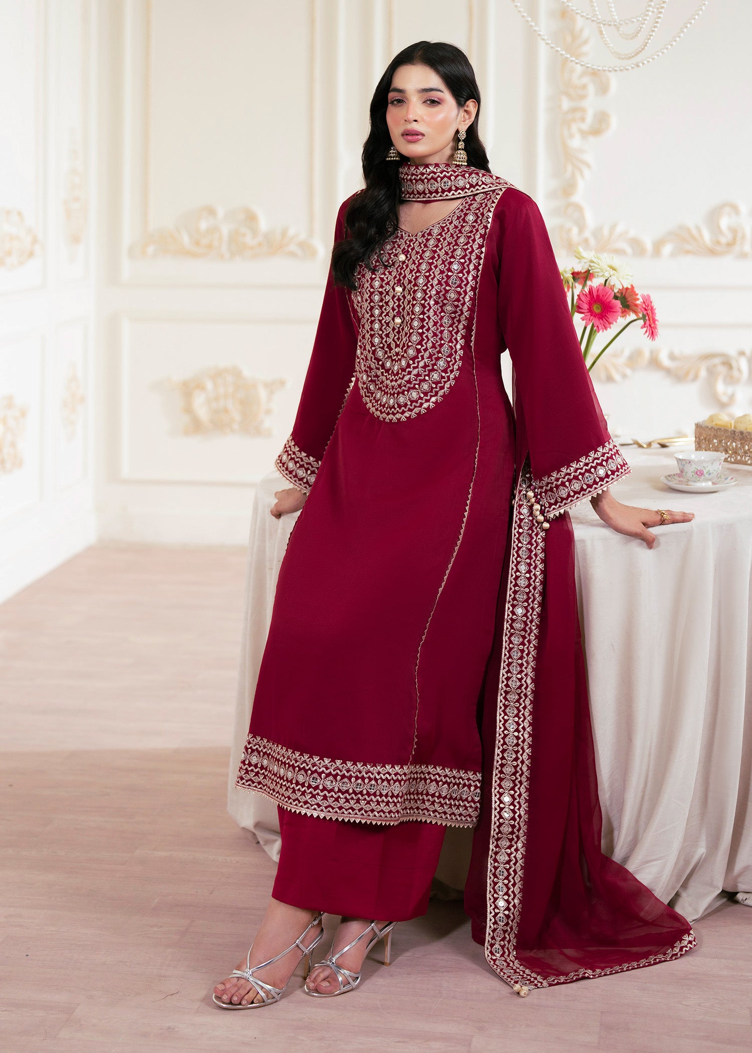 silk Kurta Set in Ruby red