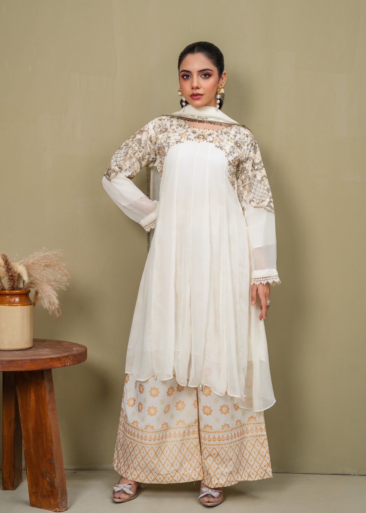 chiffon Short Frock in White, floral white