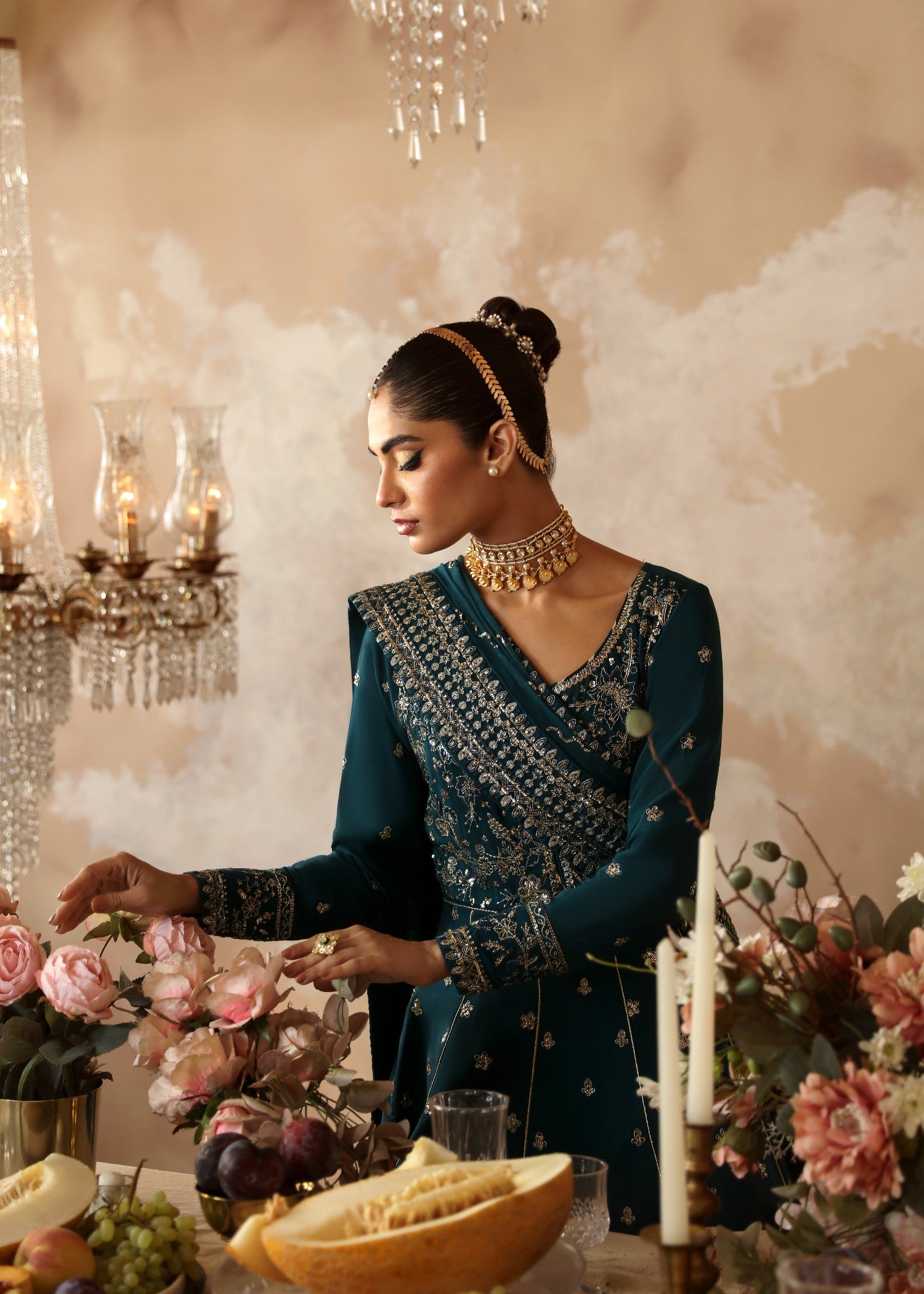 silk Pishwas in Teal