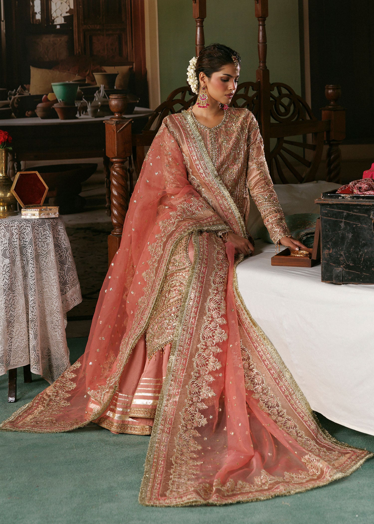 zari tissue Unstitched in Peach pink
