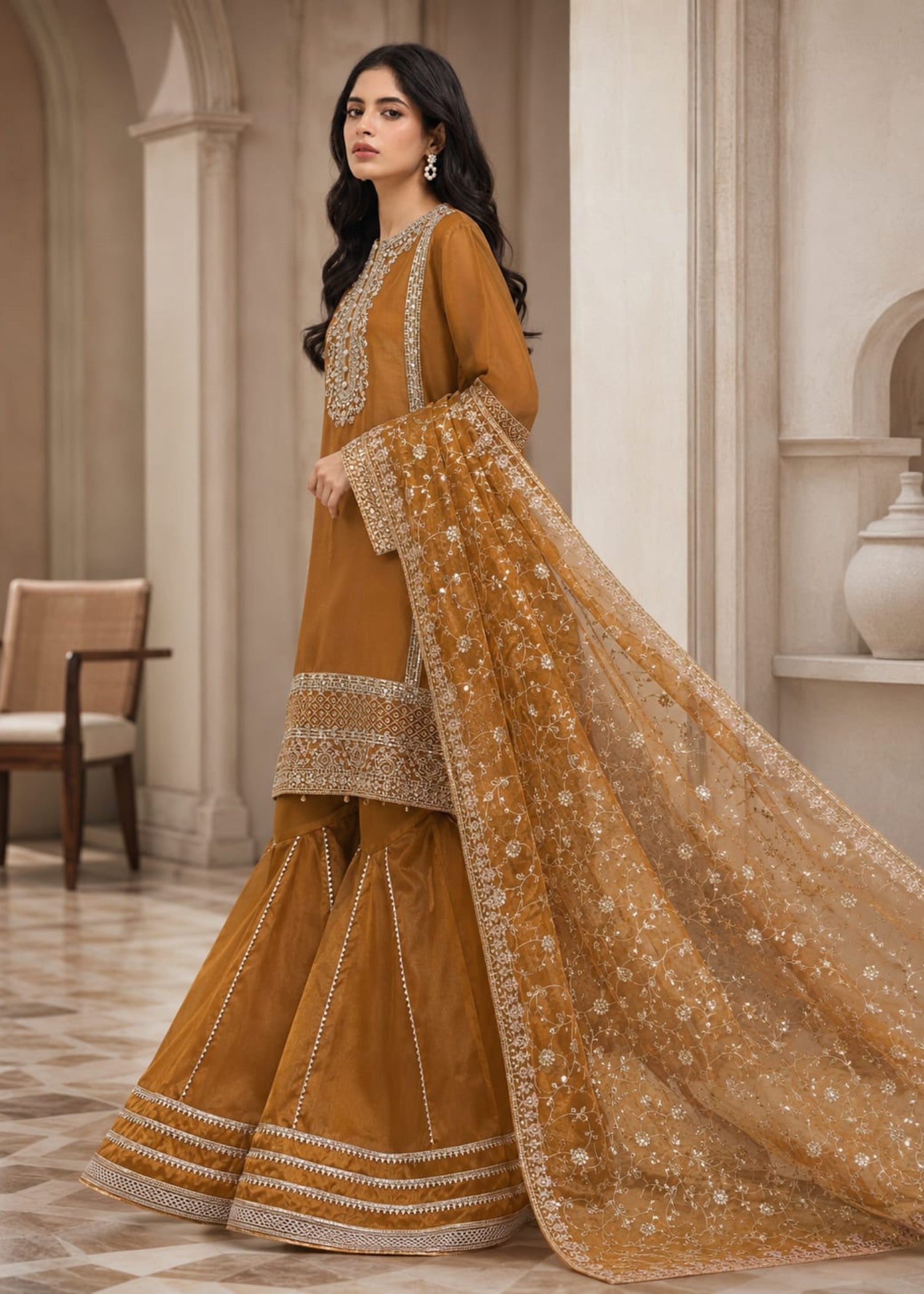 chiffon Gharara in Mari gold