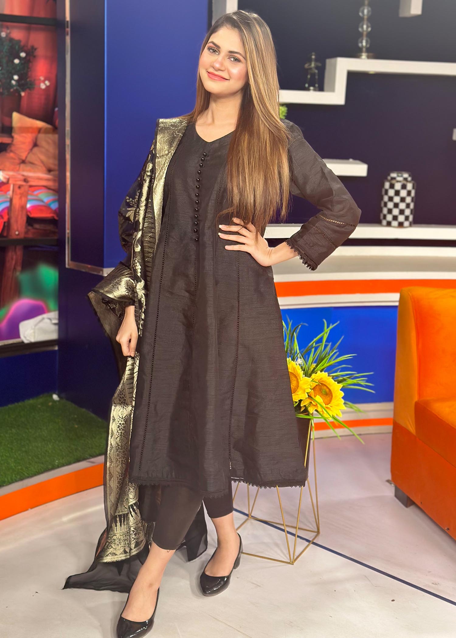 raw silk Short Frock in Black