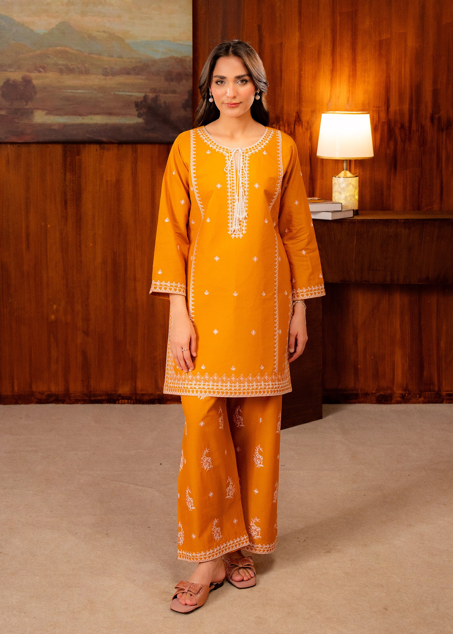 lawn Kurta Set in White, mustard