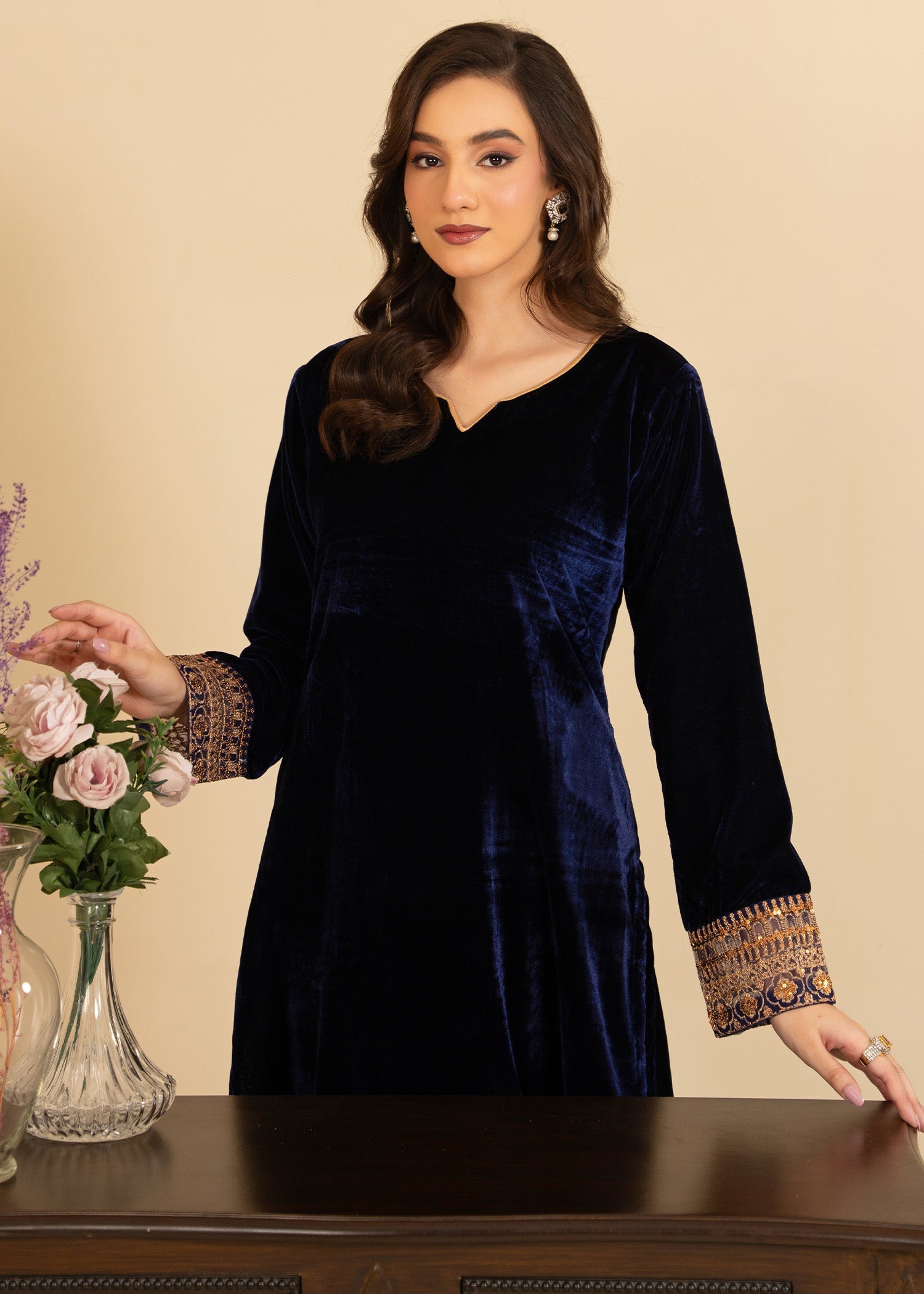 velvet Kurta Set in Navy blue