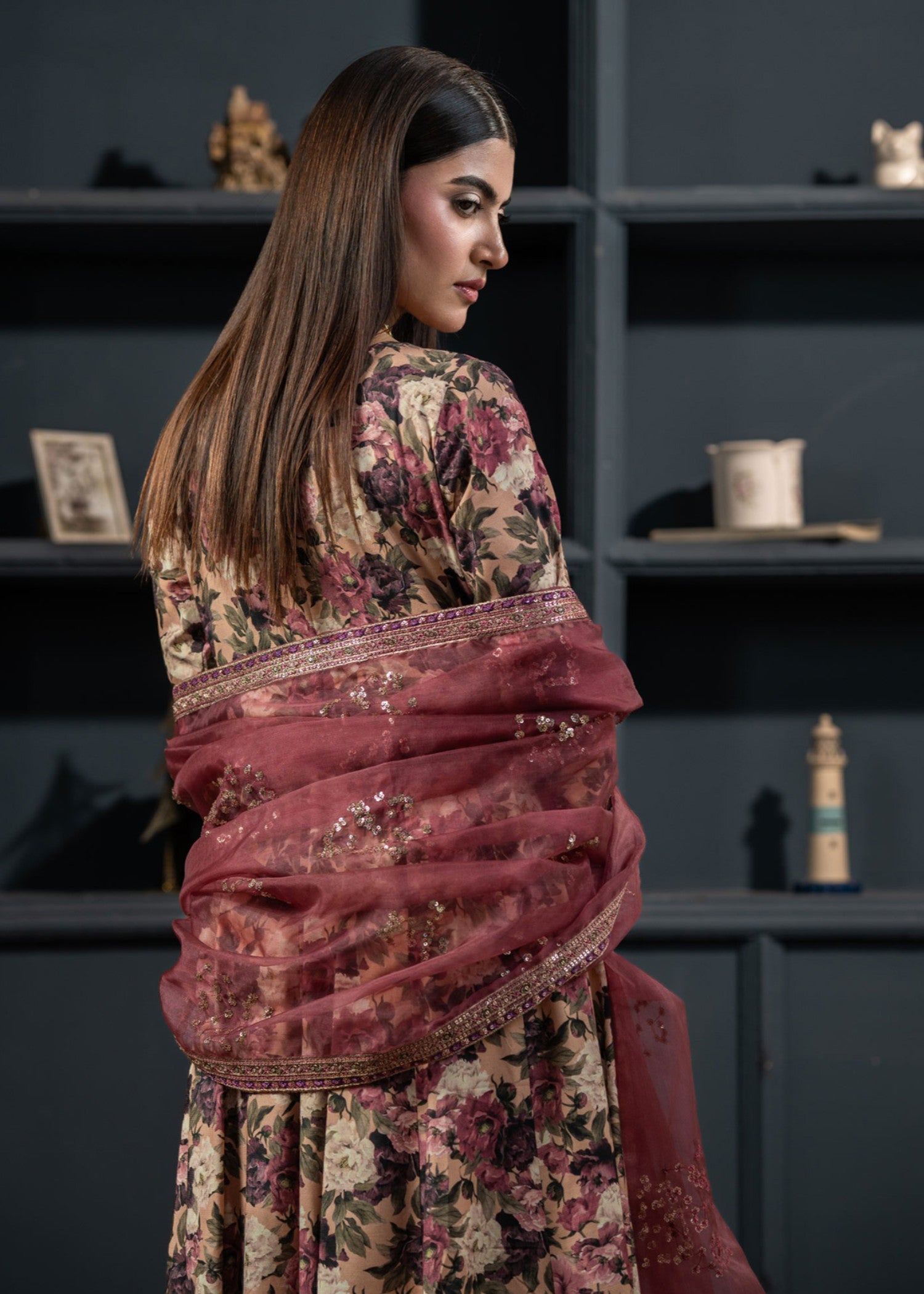raw silk Pishwas in Peach orange