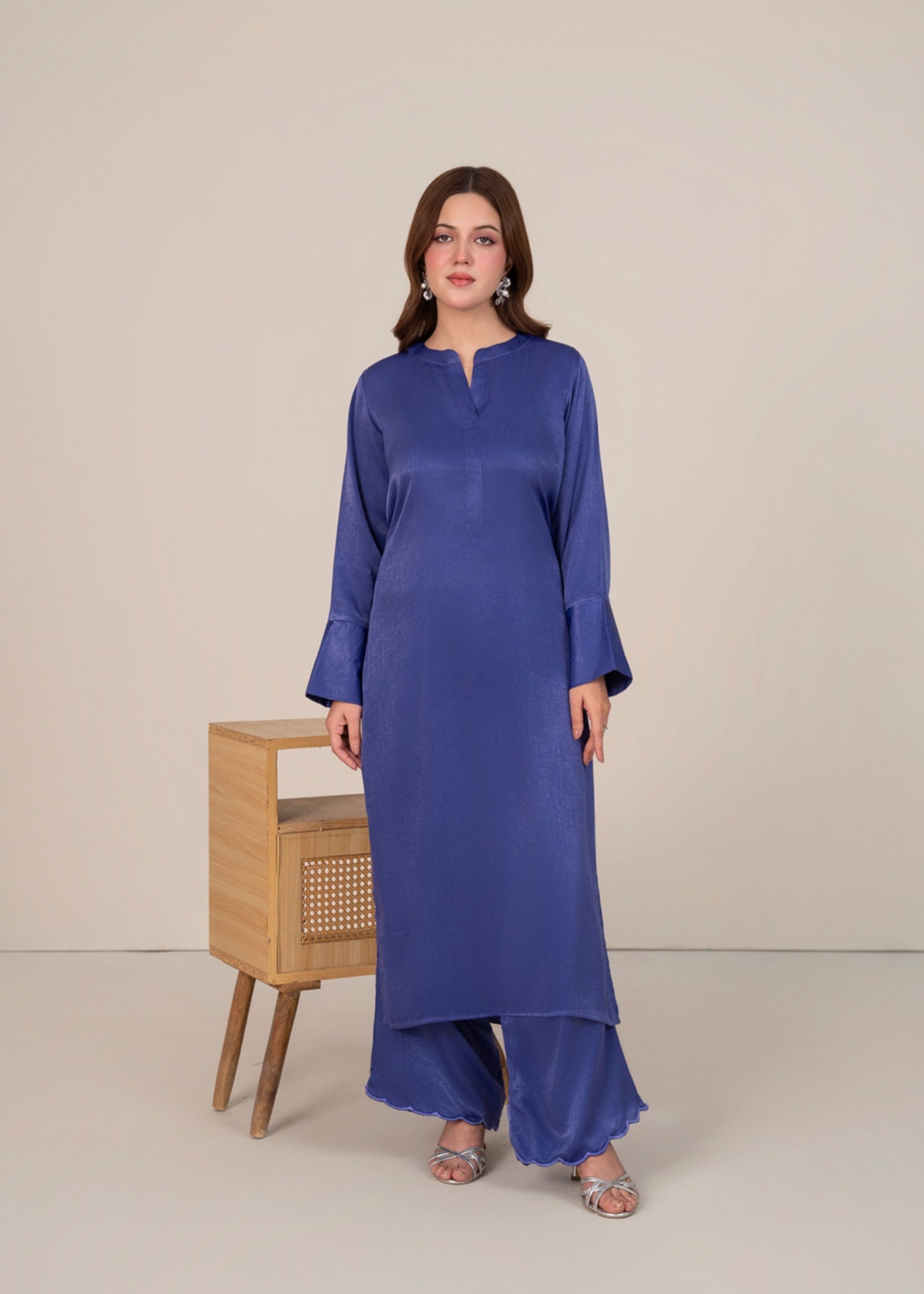 silk satin velvet Kurta Set in Iris