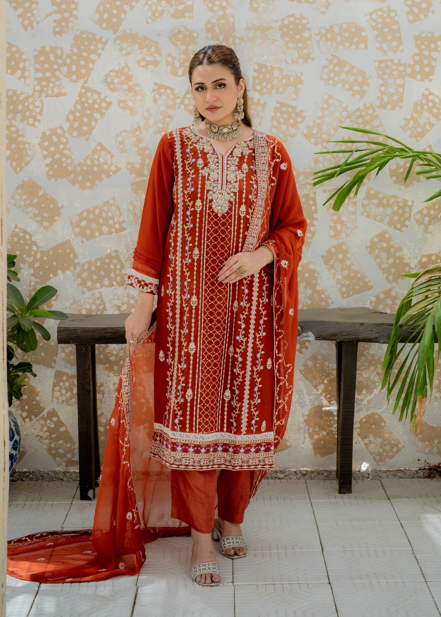 chiffon Kurta Set in Tangerine
