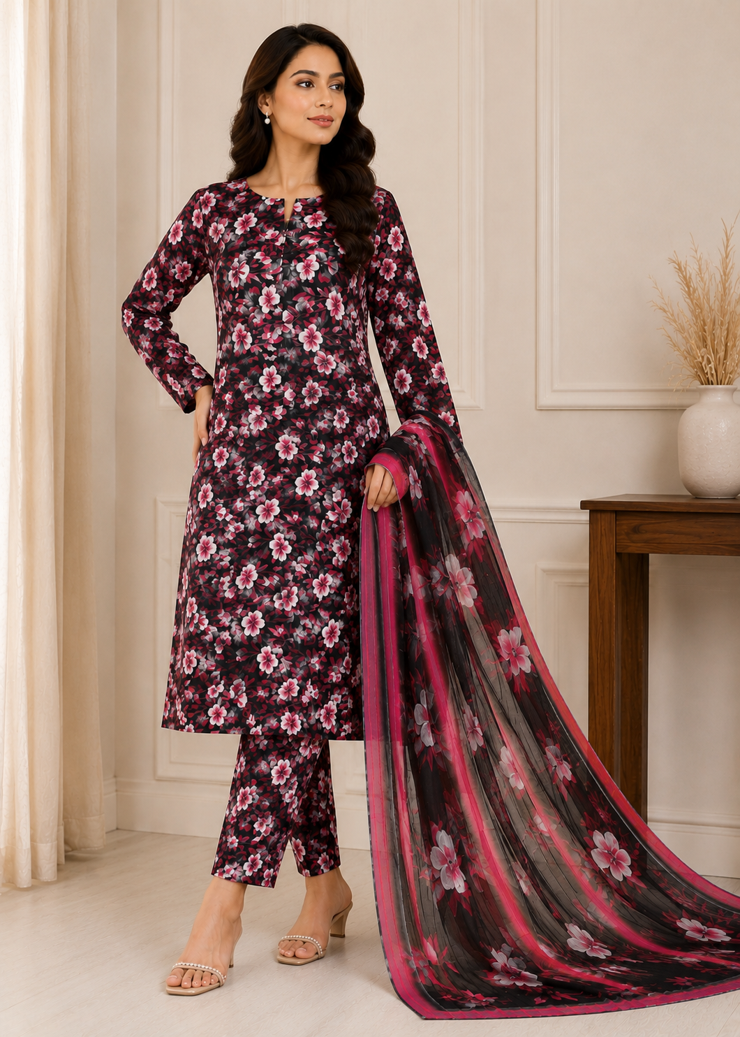 swiss lawn Unstitched in Black, hot pink