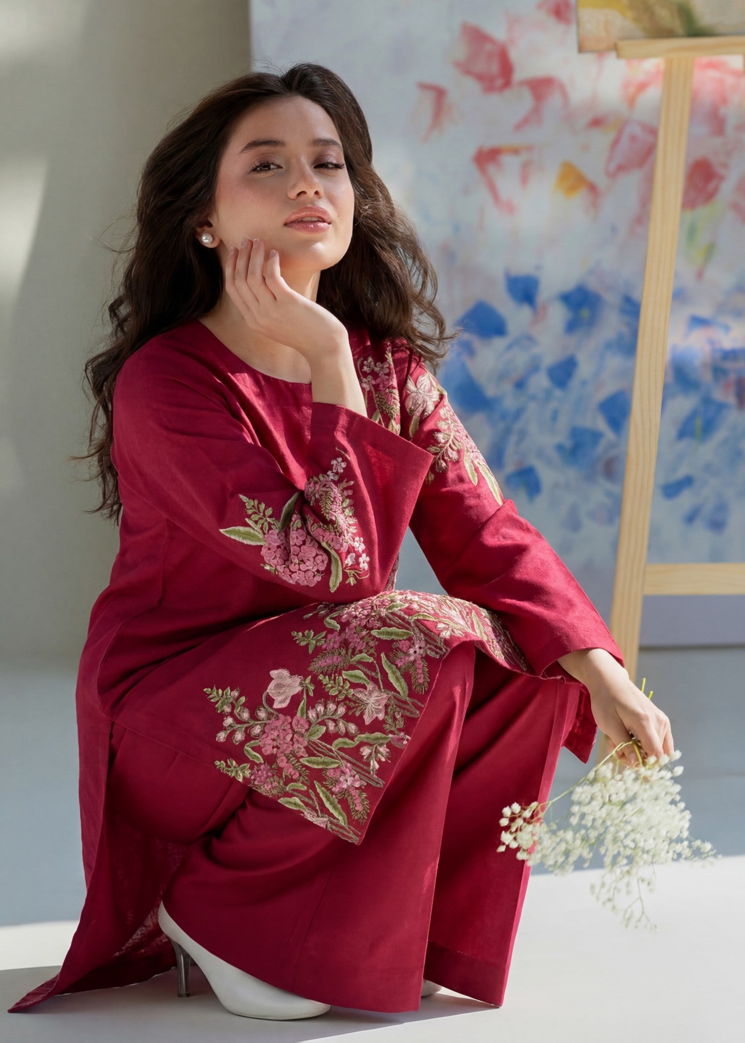textured lawn Kurta Set in Crimson
