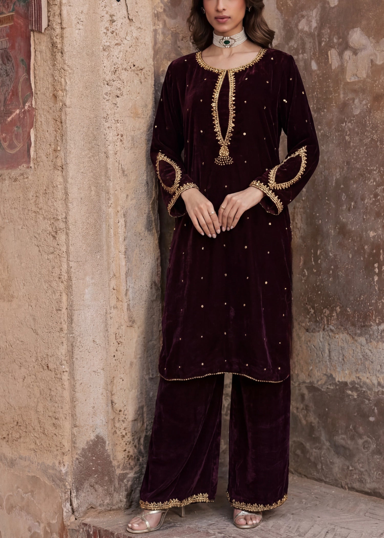 velvet Kurta Set in Burgundy