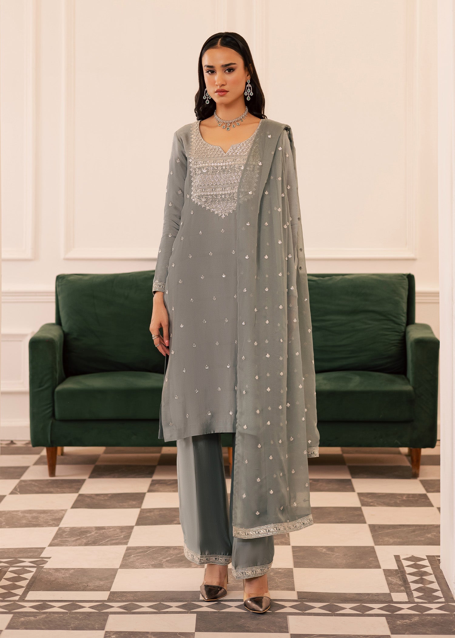 thai silk Kurta Set in Ash grey