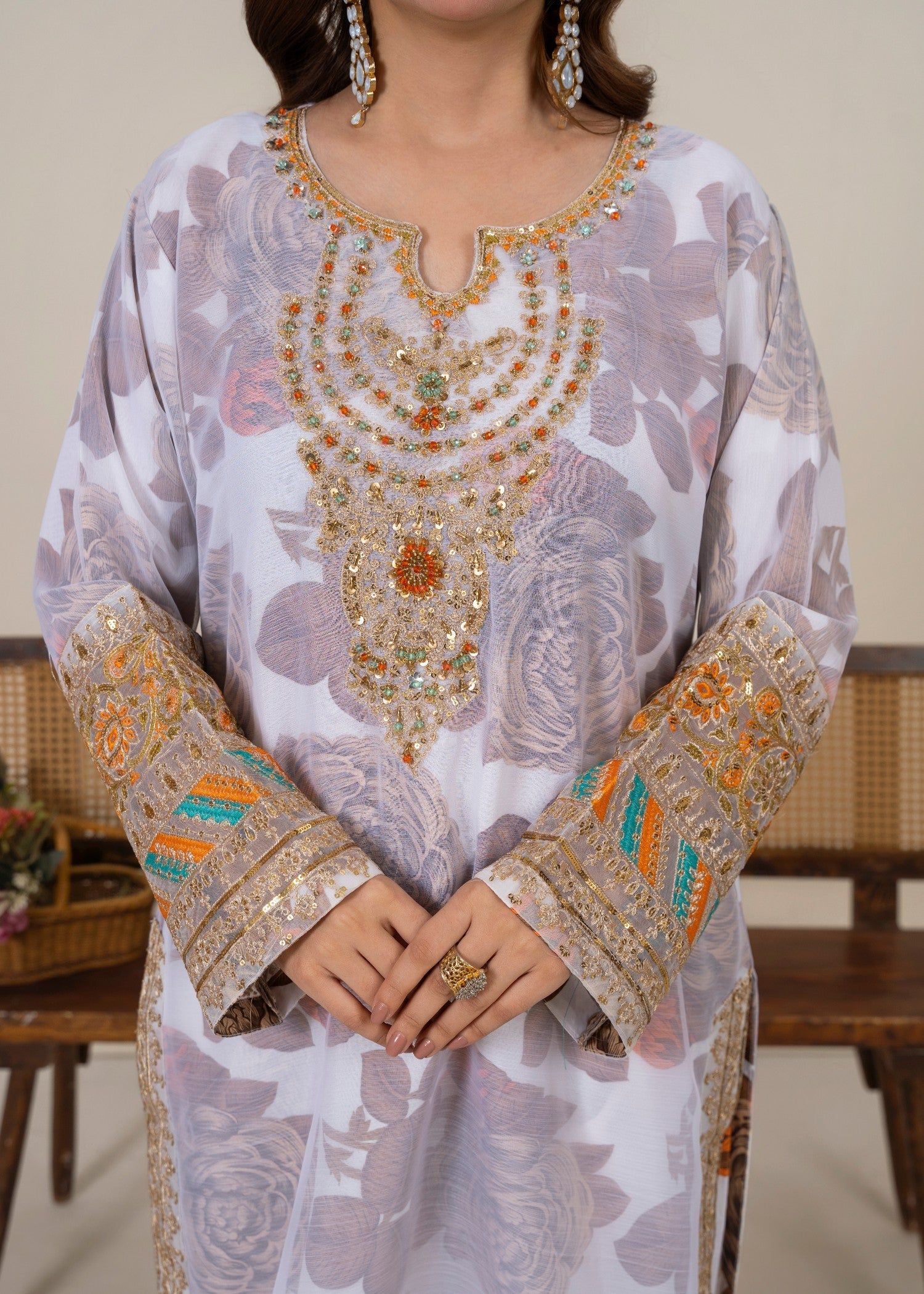 chiffon Kurta Set in White