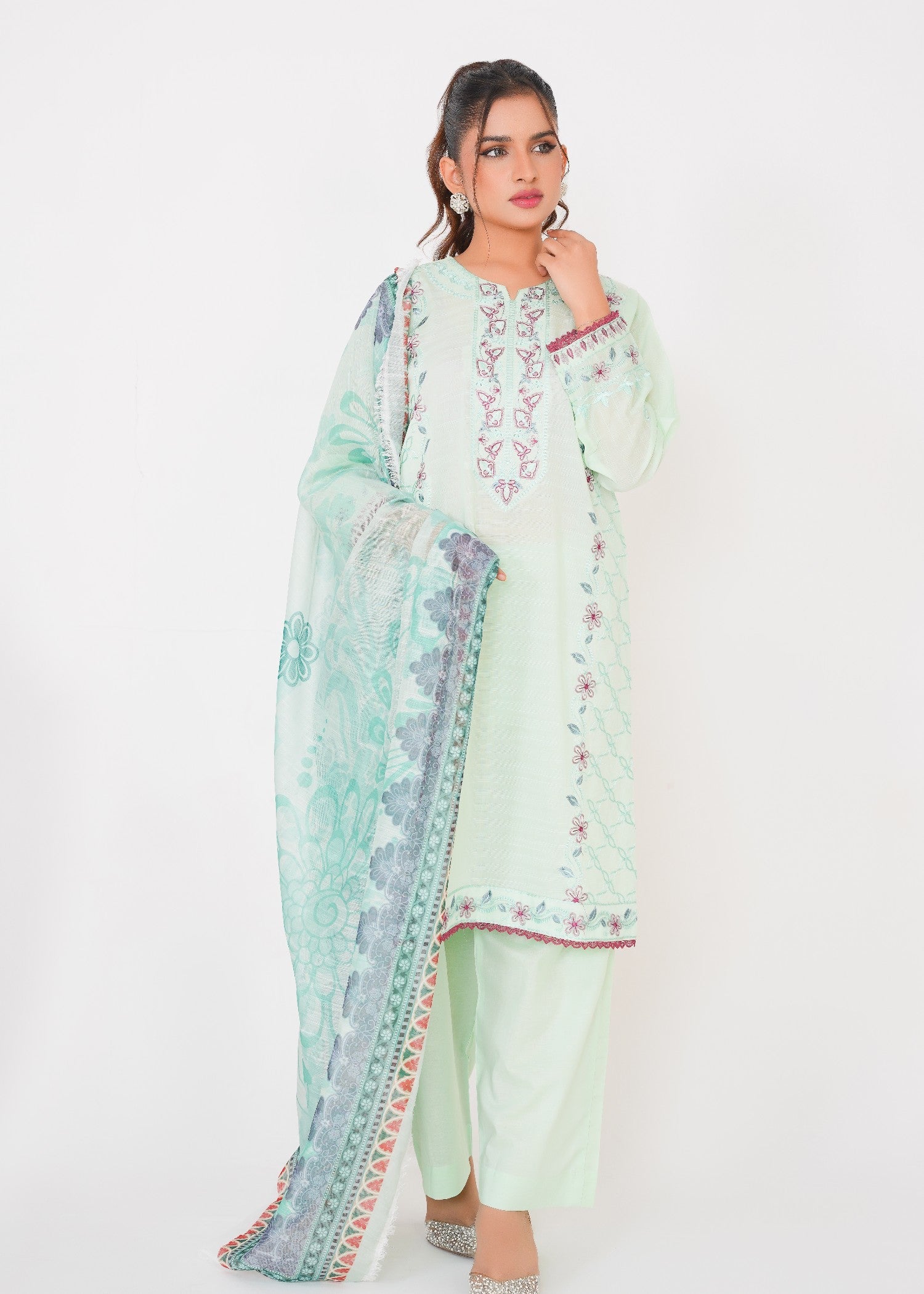 textured lawn Kurta Set in Tea green
