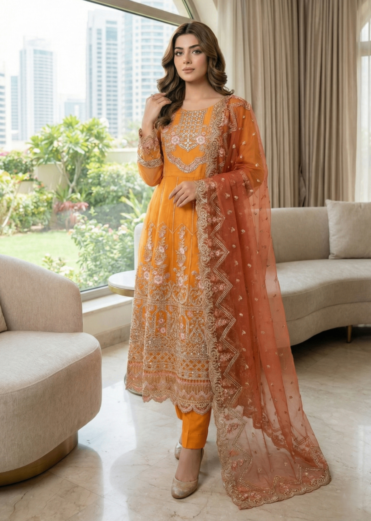 organza Pishwas in Mustard