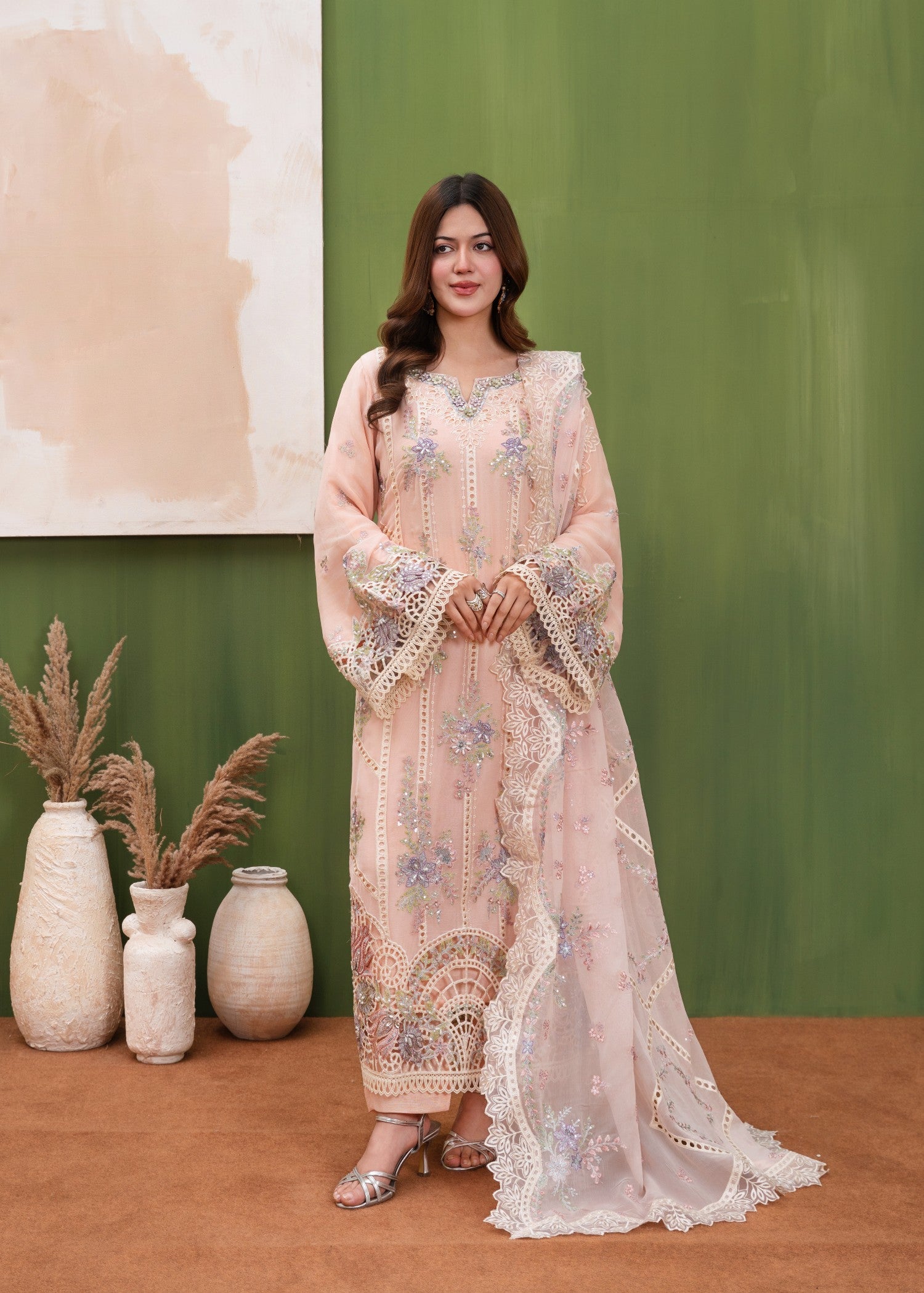 crinkle chiffon Kurta Set in Peach pink