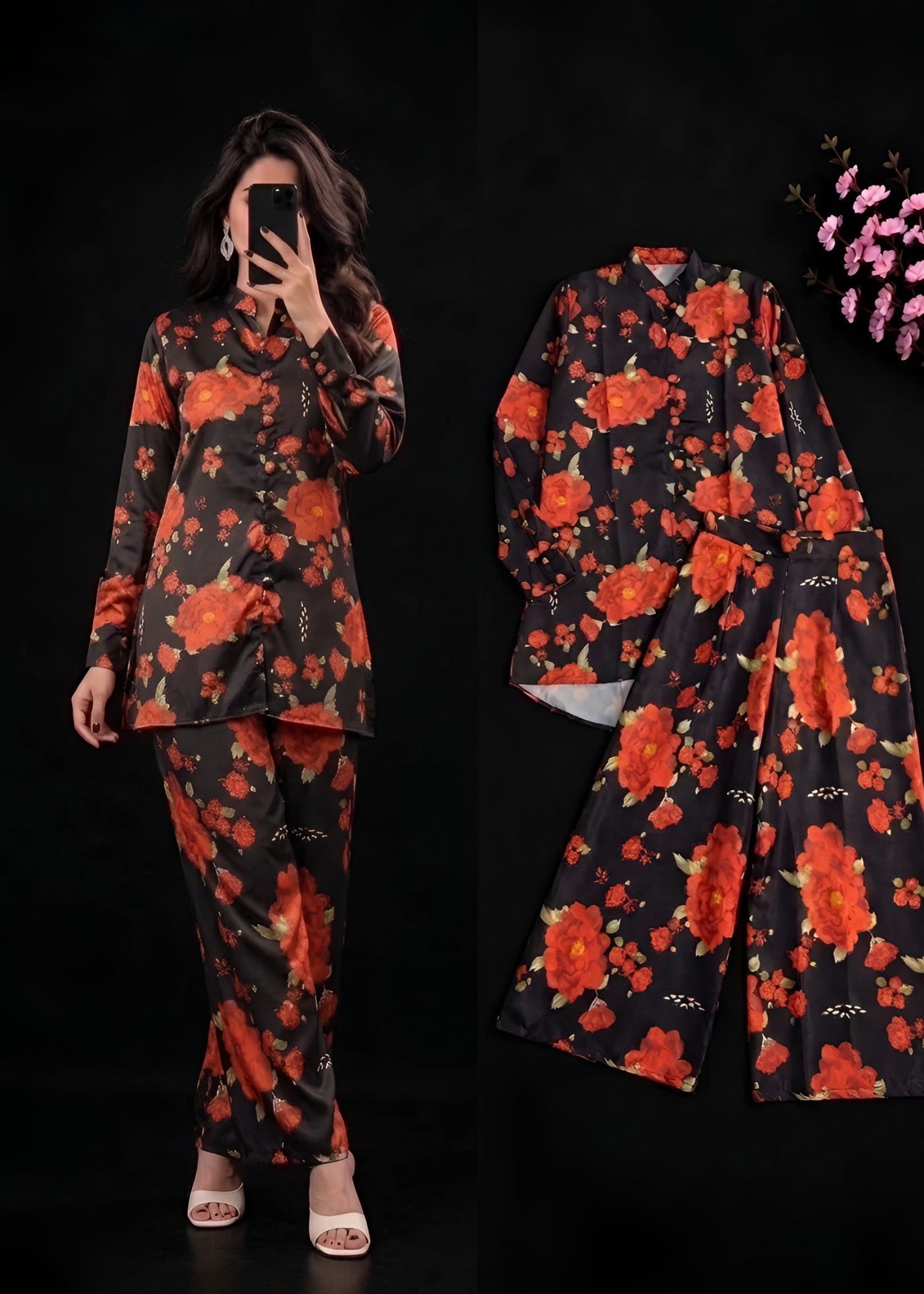 poly lawn Co Ord Sets in Red, black