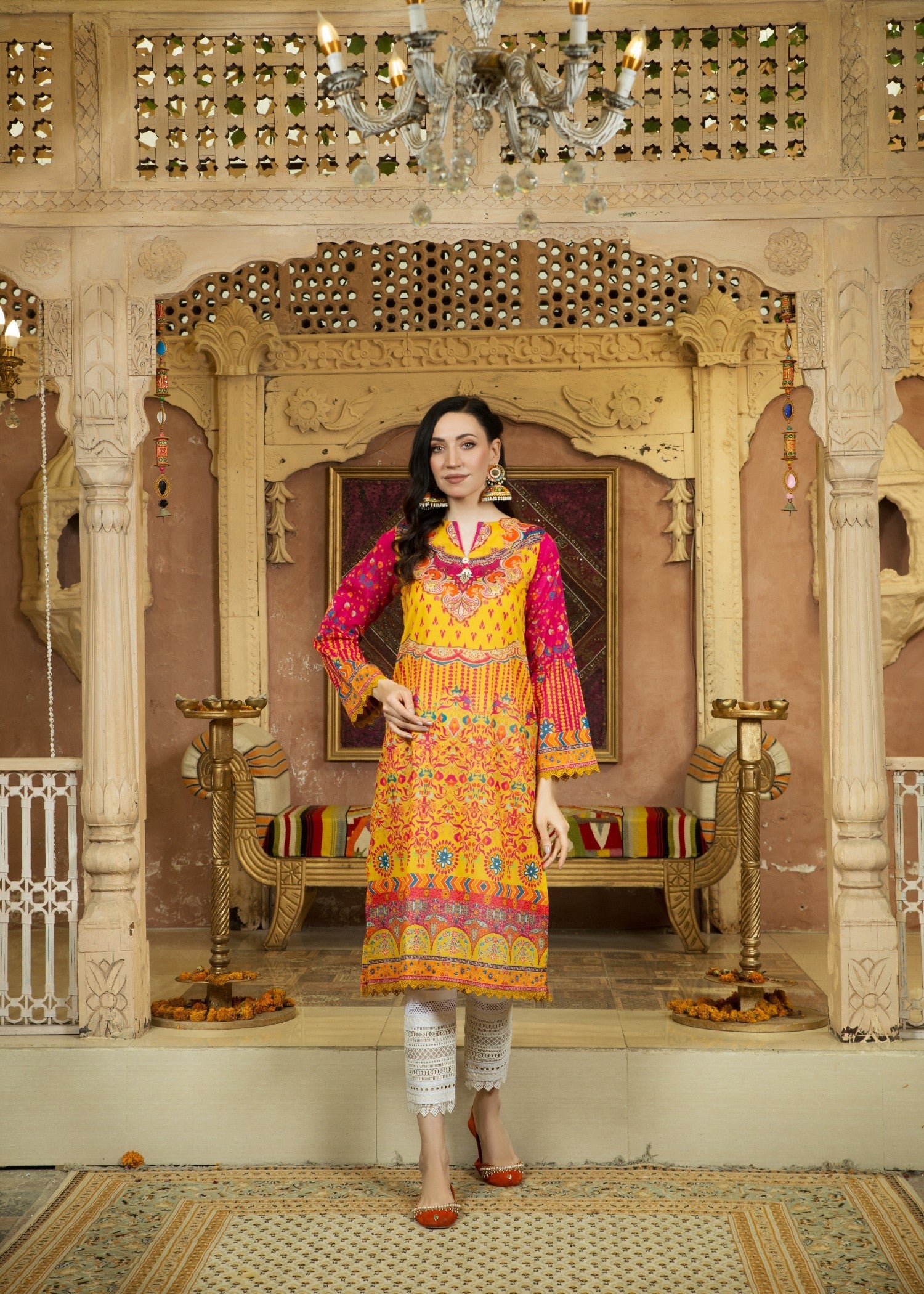 lawn Kurti in Gold, canary, deep pink