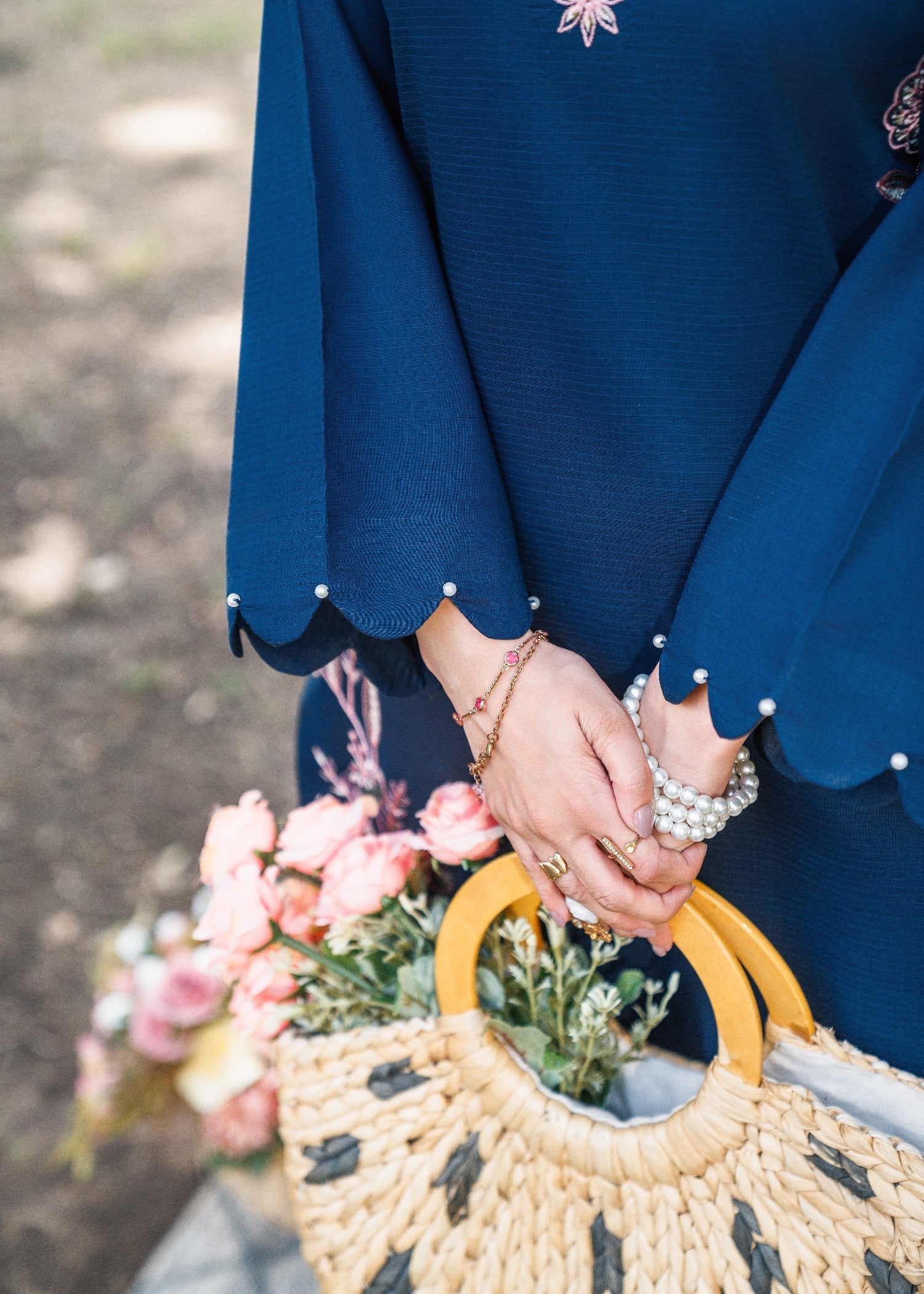 textured lawn Kurta Set in Navy blue