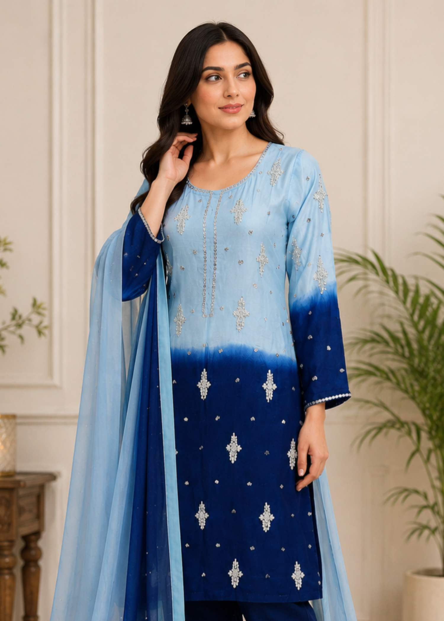 raw silk Kurta Set in Navy blue, sky blue