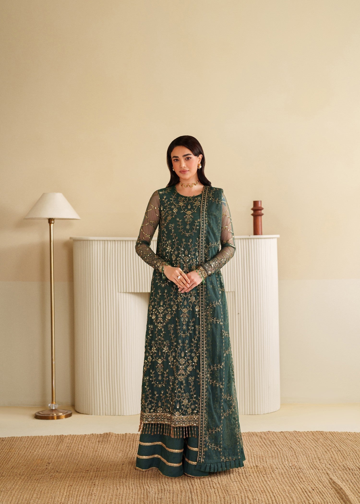 khaddi net Kurta Set in Green