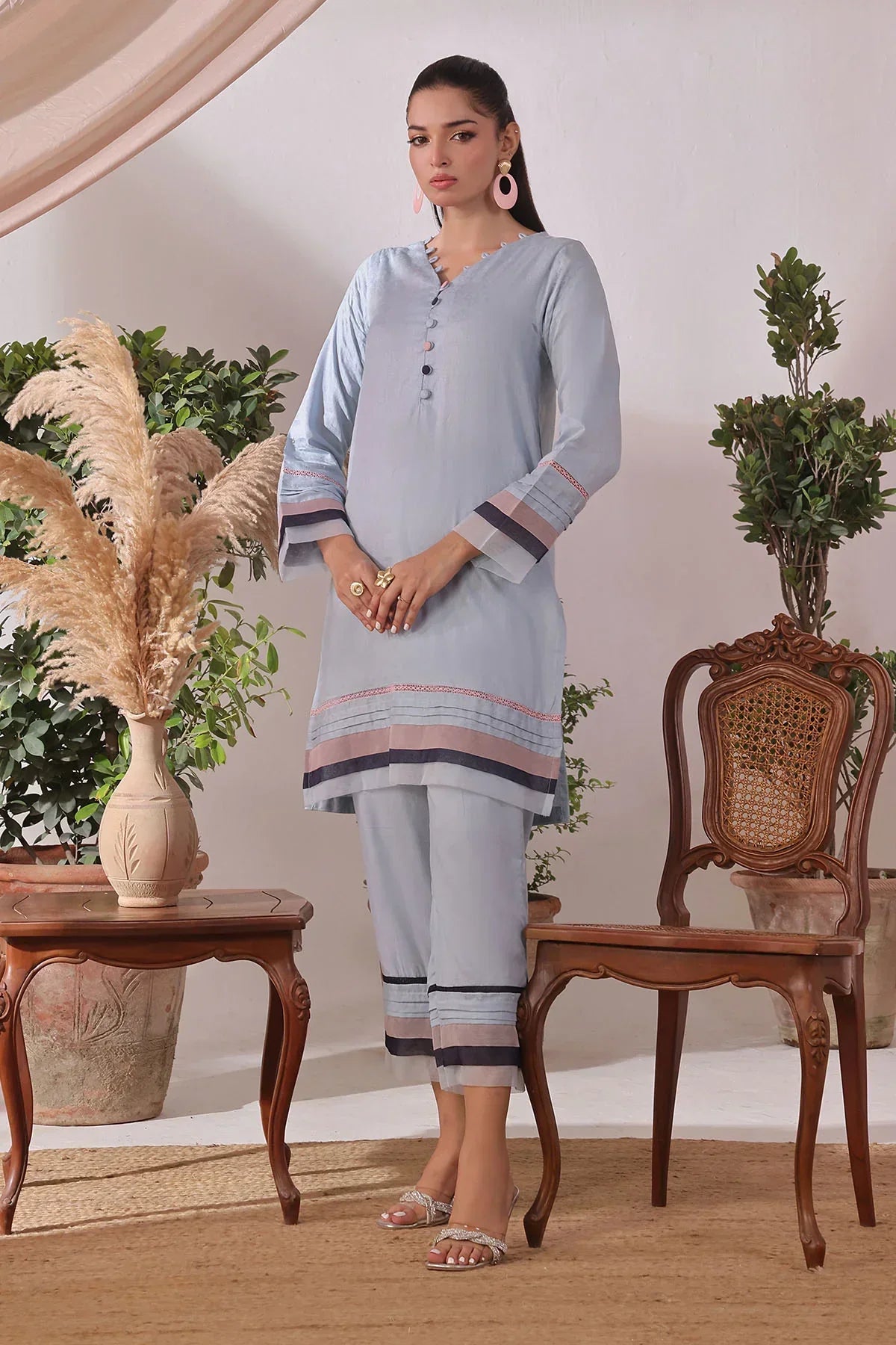 polyester georgette Kurta Set in Light blue