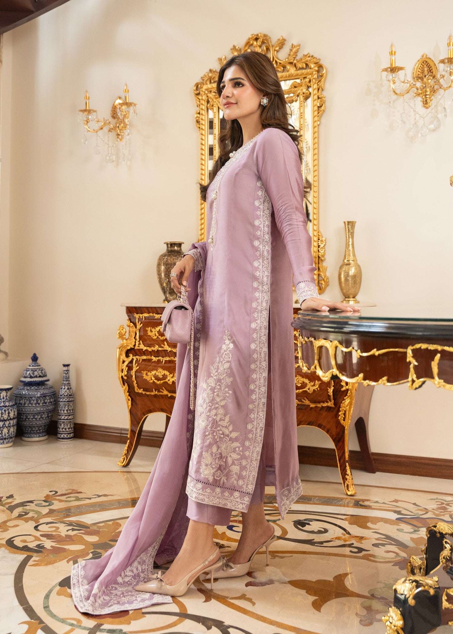 tissue silk Kurta Set in Lilac