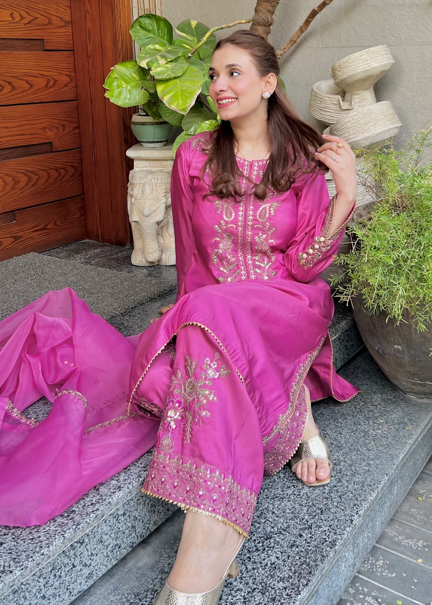 silk Kurta Set in Zinnia pink
