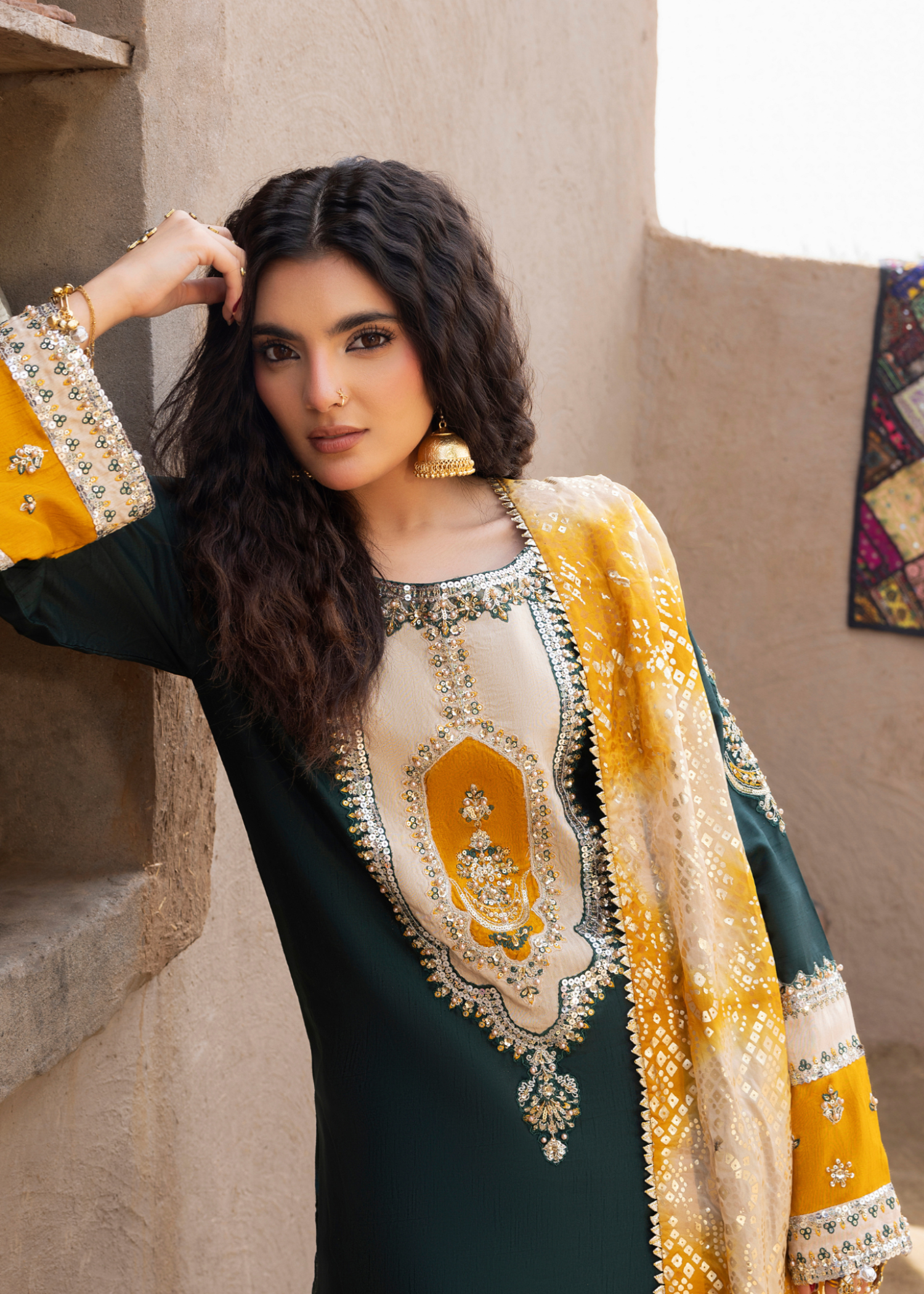 korean raw silk Sharara in Emerald green